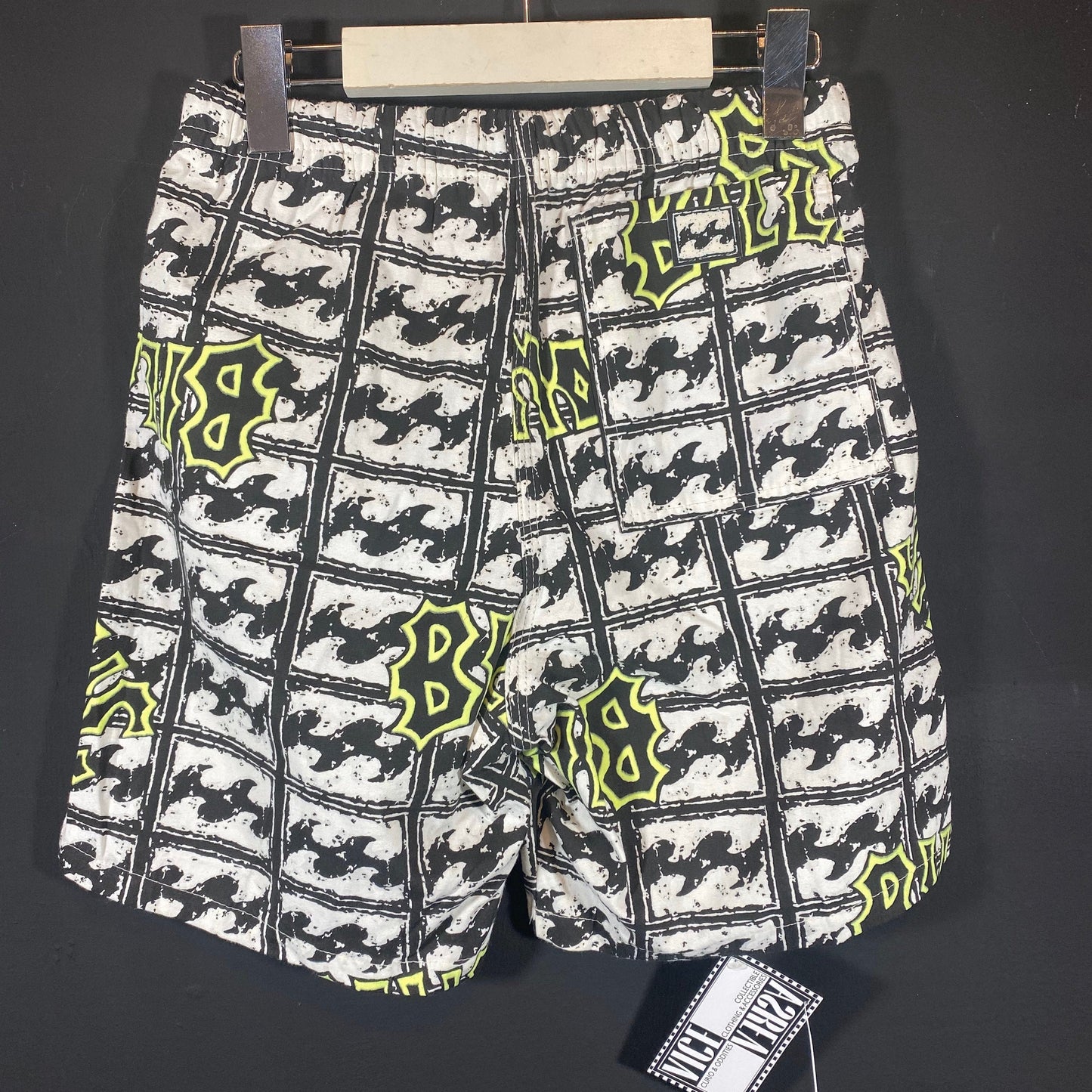 Billabong 90s beach swim shorts, cool black / white / neon print, NOS new and unworn.