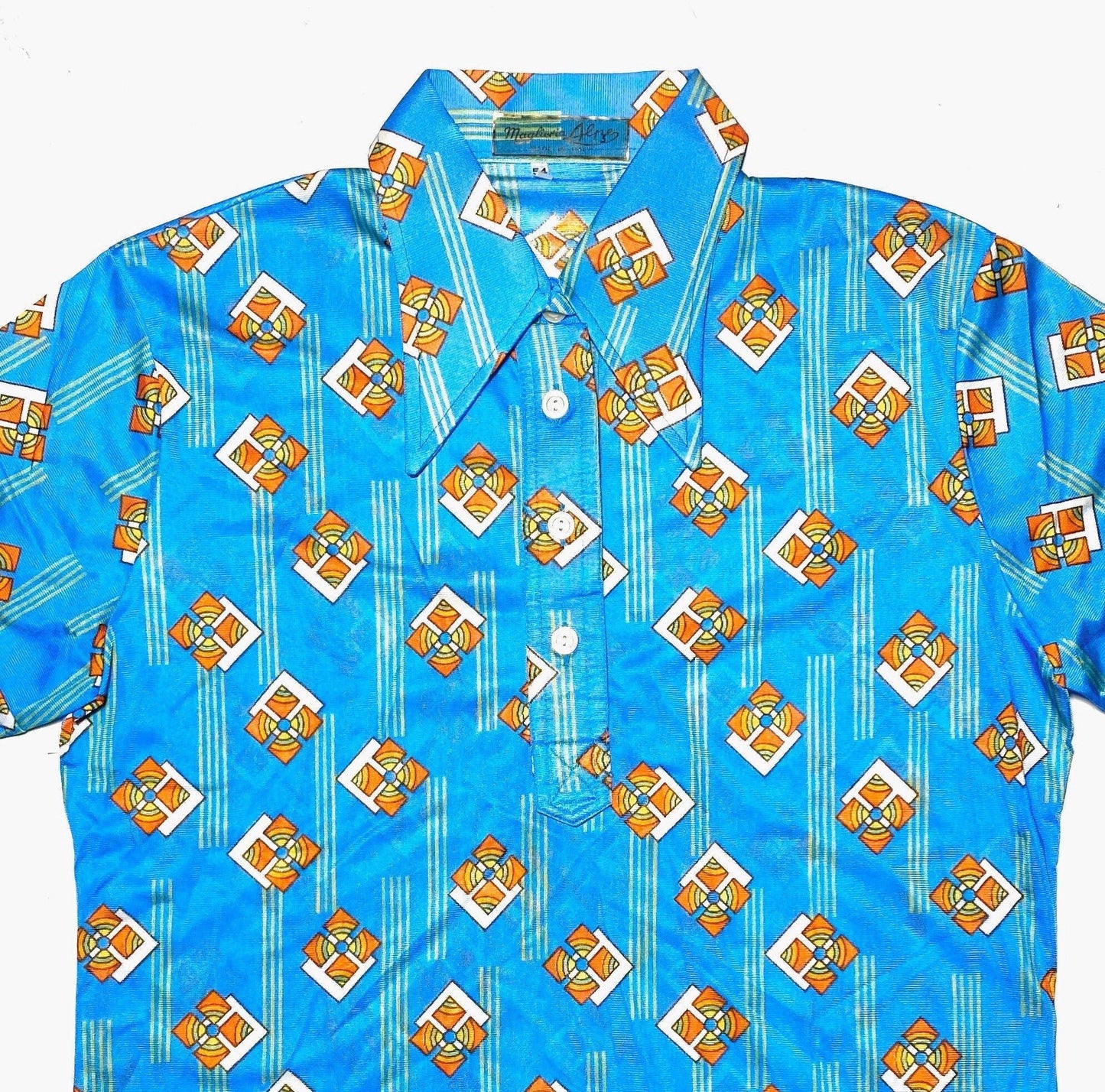 Alpe 70s NOS turquoise/orange Mod abstract print polo shirt with iconic big collar, perfect