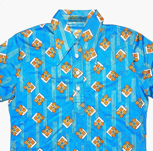 Alpe 70s NOS turquoise/orange Mod abstract print polo shirt with iconic big collar, perfect