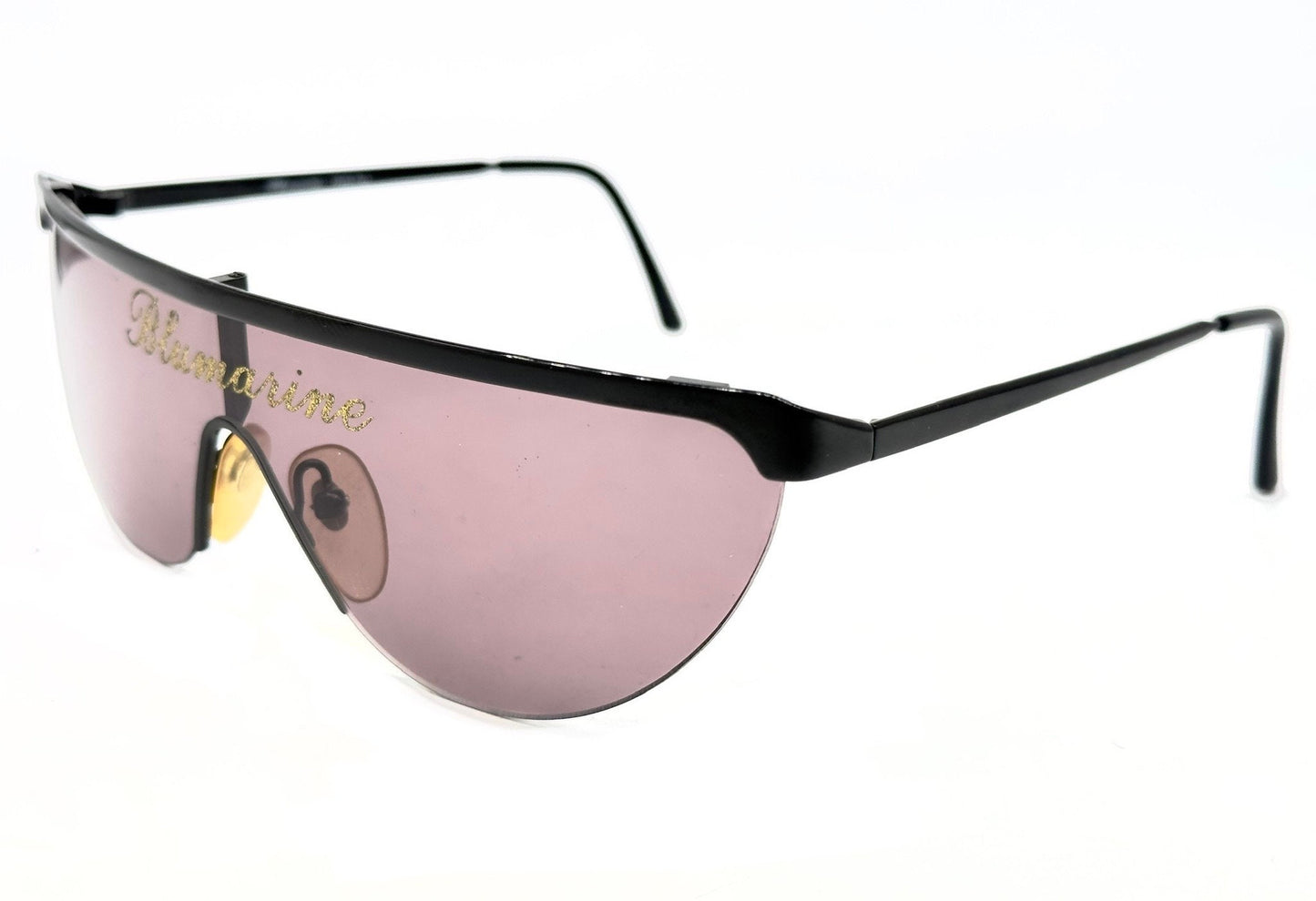 Bluemarine BM600 runway black shield sunglasses w golden glittered signature, NOS 80s Mint