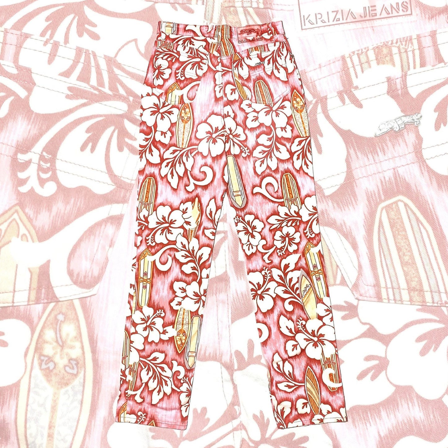 Krizia Jeans pink Waikiki surf boards & Hawaiian flowers denim trousers sz 28, Mint