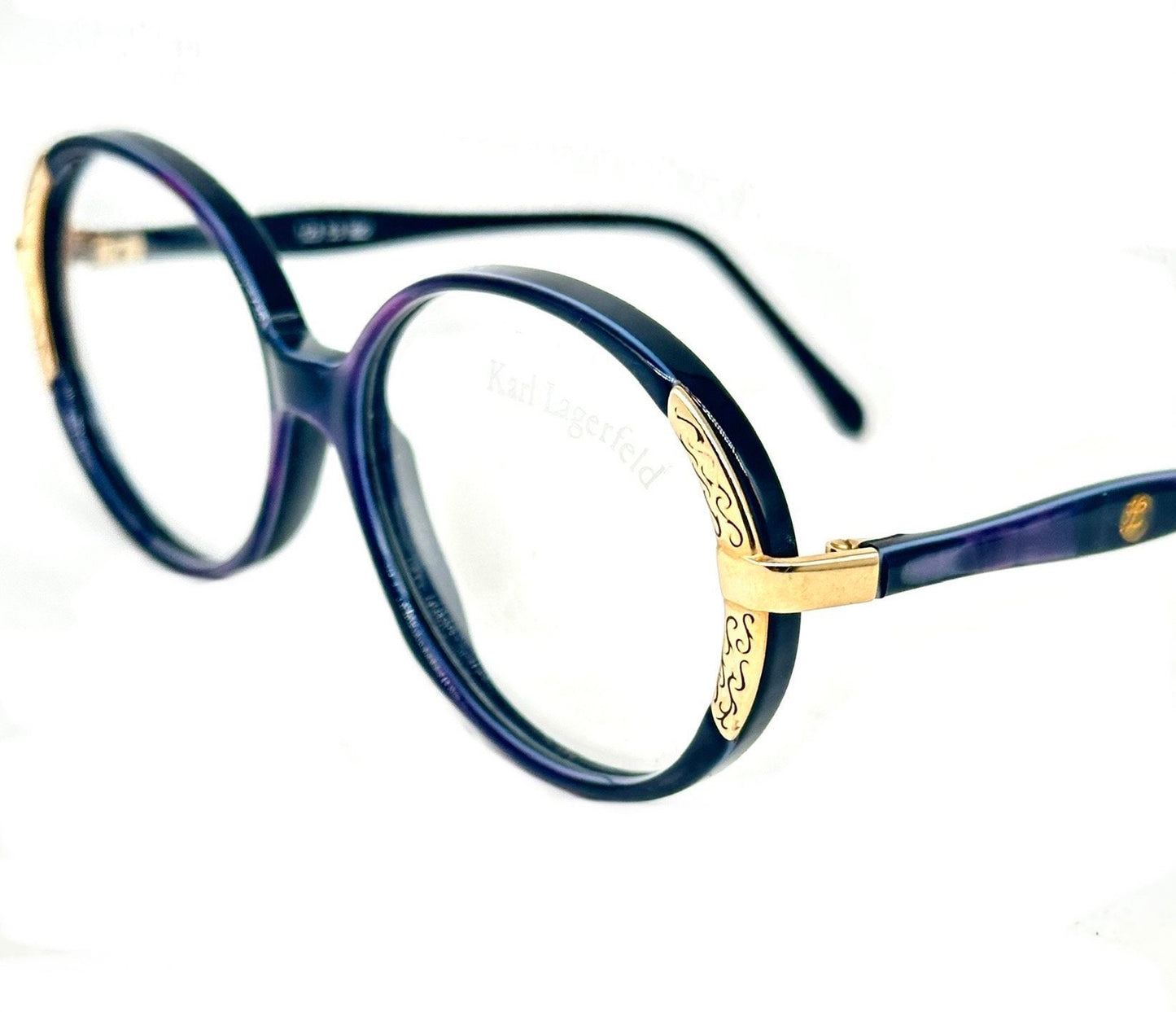 Karl Lagerfeld 80s NOS oval ladies frames, purple pearl cello w/ golden decò carved details, beautiful