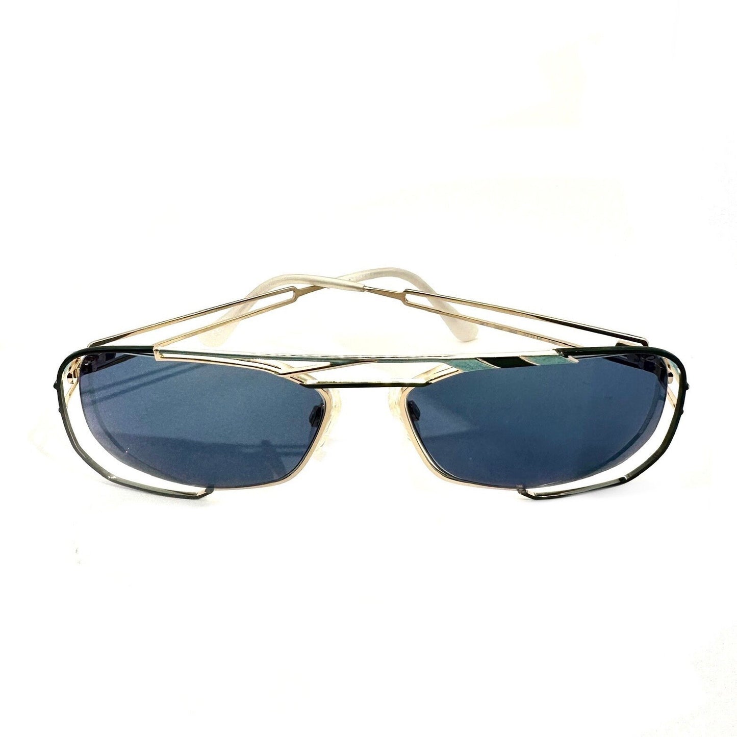 Neostyle jet 222 902 avant Garde sunglasses; gold w green and cyan enamel details & white cream ends, NOS 90s Germany