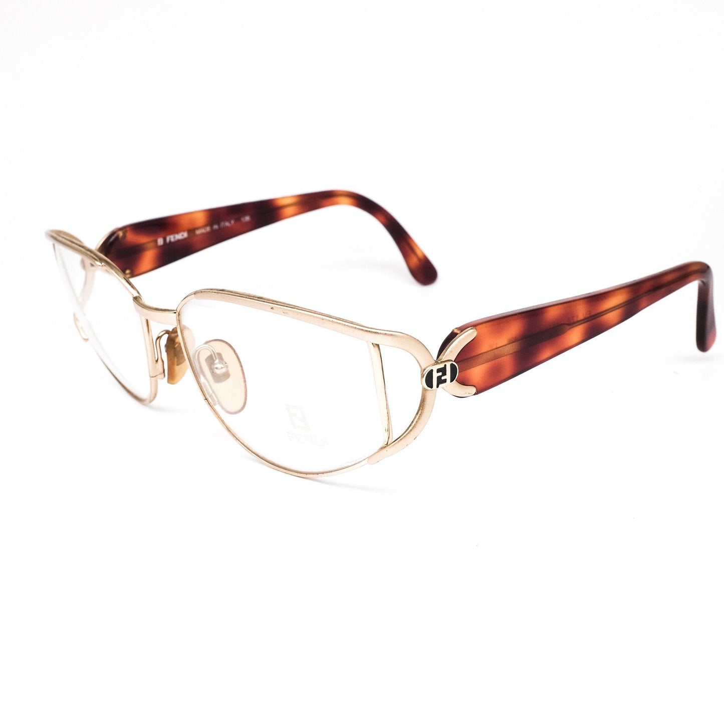 Fendi FV174 golden metallic cello drop shaped eyeglasses frames in with cut off hinges and wide acetate temples, hand made in Italy 80s