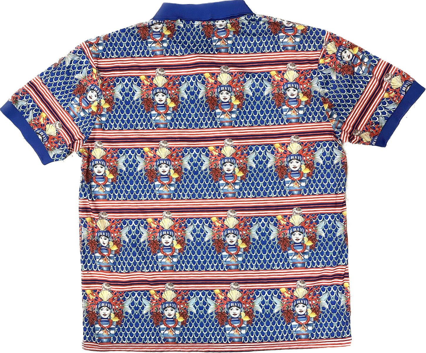 Antique Atelier G.Cinque cotton polo shirt with Sicilian moor’s head allover a blue scales red stripes base, XXL
