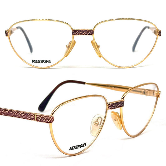 Missoni M823 44F gold oval frames w iconic brown wavy zig-zag enamel detailing, 90s NOs