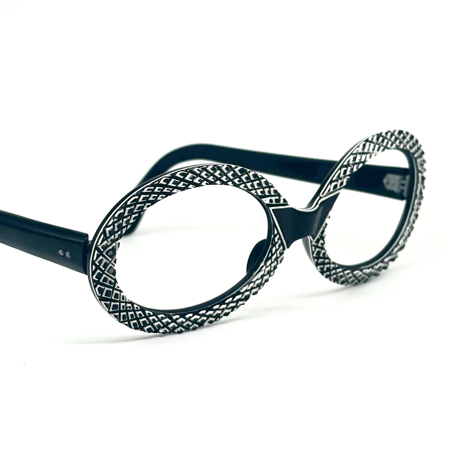 Oval vintage 1950s black eyeglasses handcrafted engraving frames with white thickness squares, NoS