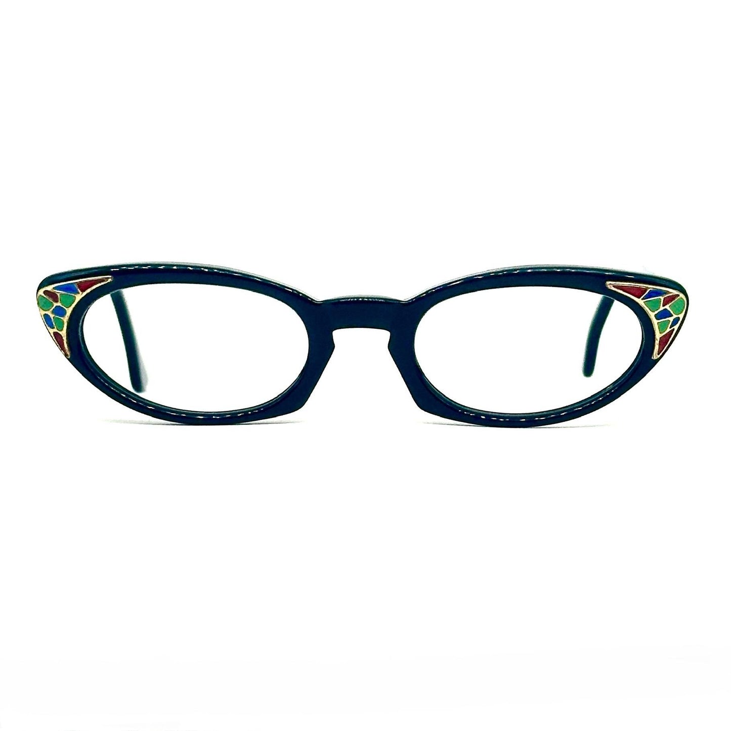 Shuron USA black cateye glasses with colored mosaic detail on golden triangular plaque on the sides style 1960 NoS