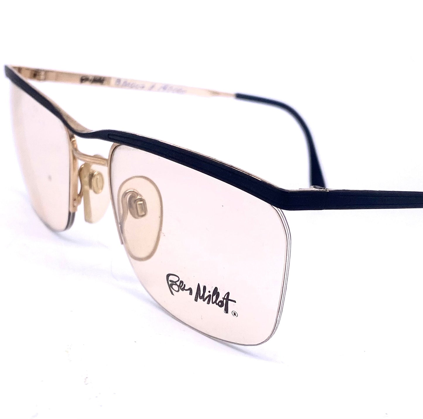Ben Millot 007 square half rimmed metal eyeglasses frames in matte black or gold, NOS 80s France