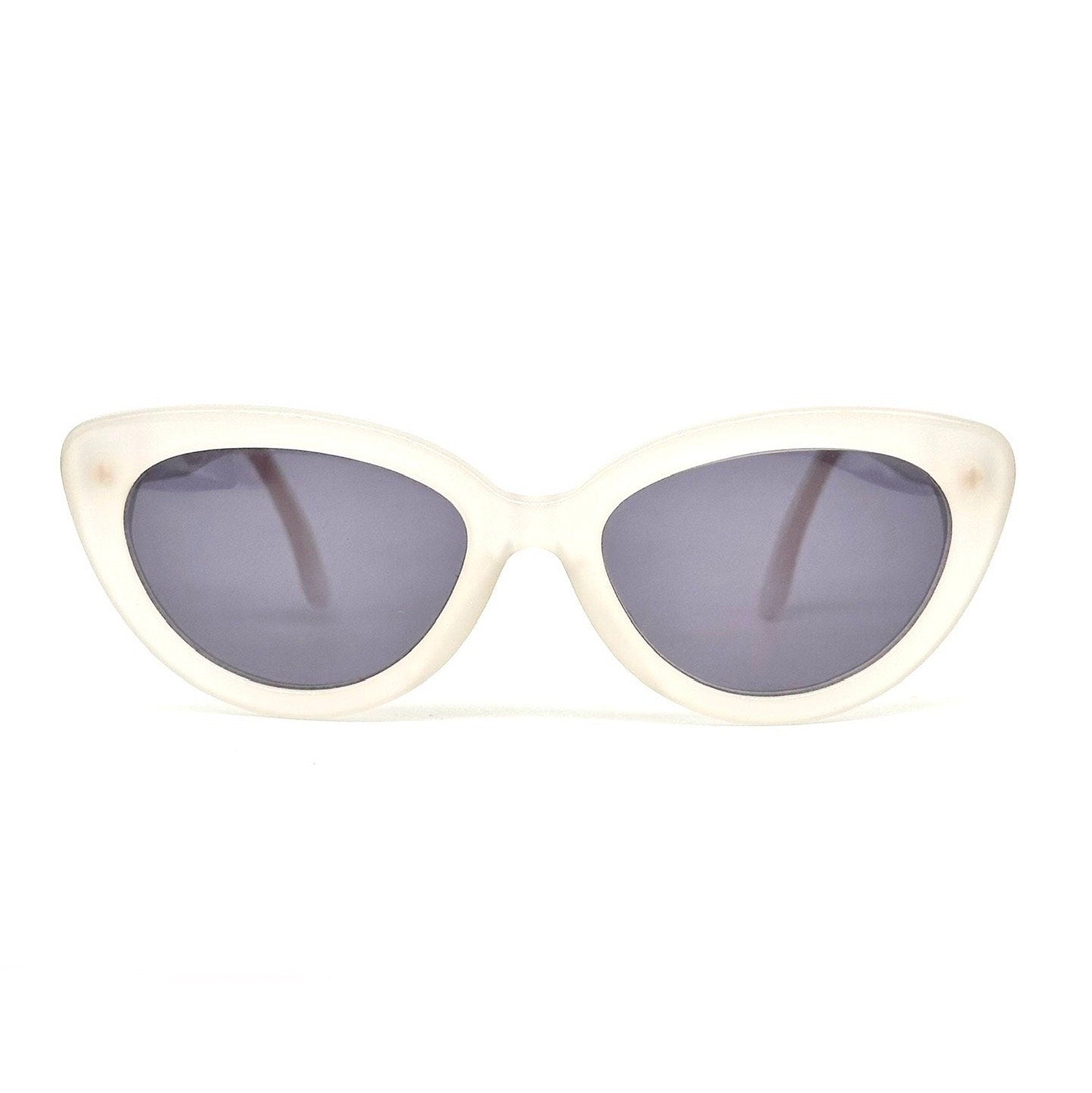 Bluemarine BM521 frosted clear cello cateye sunglasses with golden logo on the sides, NOS 90s Italy