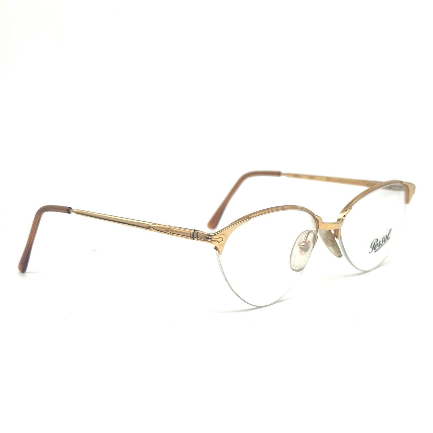 Persol Ratti Eras golden cateye glasses frames w nylor half-rim mount, sleek design; NOS 80s Italy
