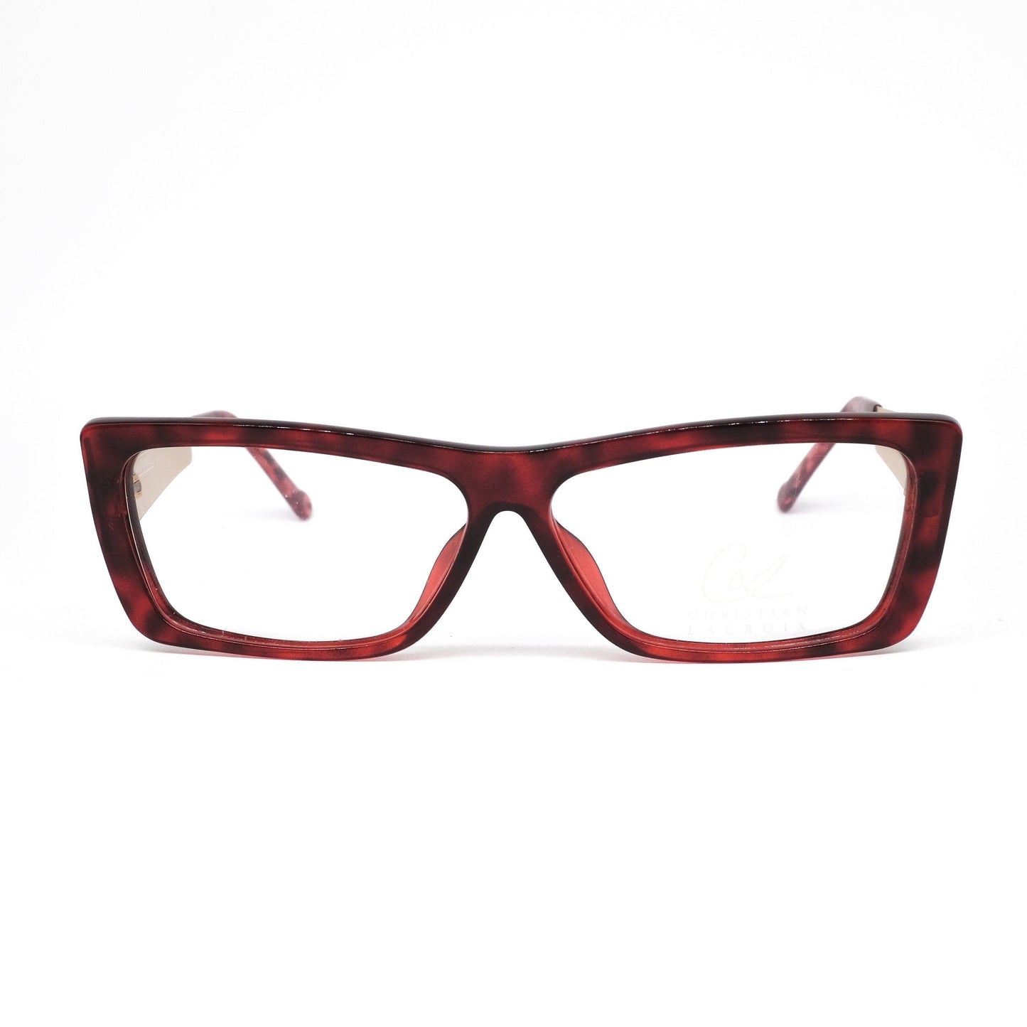 Christian Lacroix 7343 square red tortoise frames w thick hammered golden metal temples, NOS 80s France