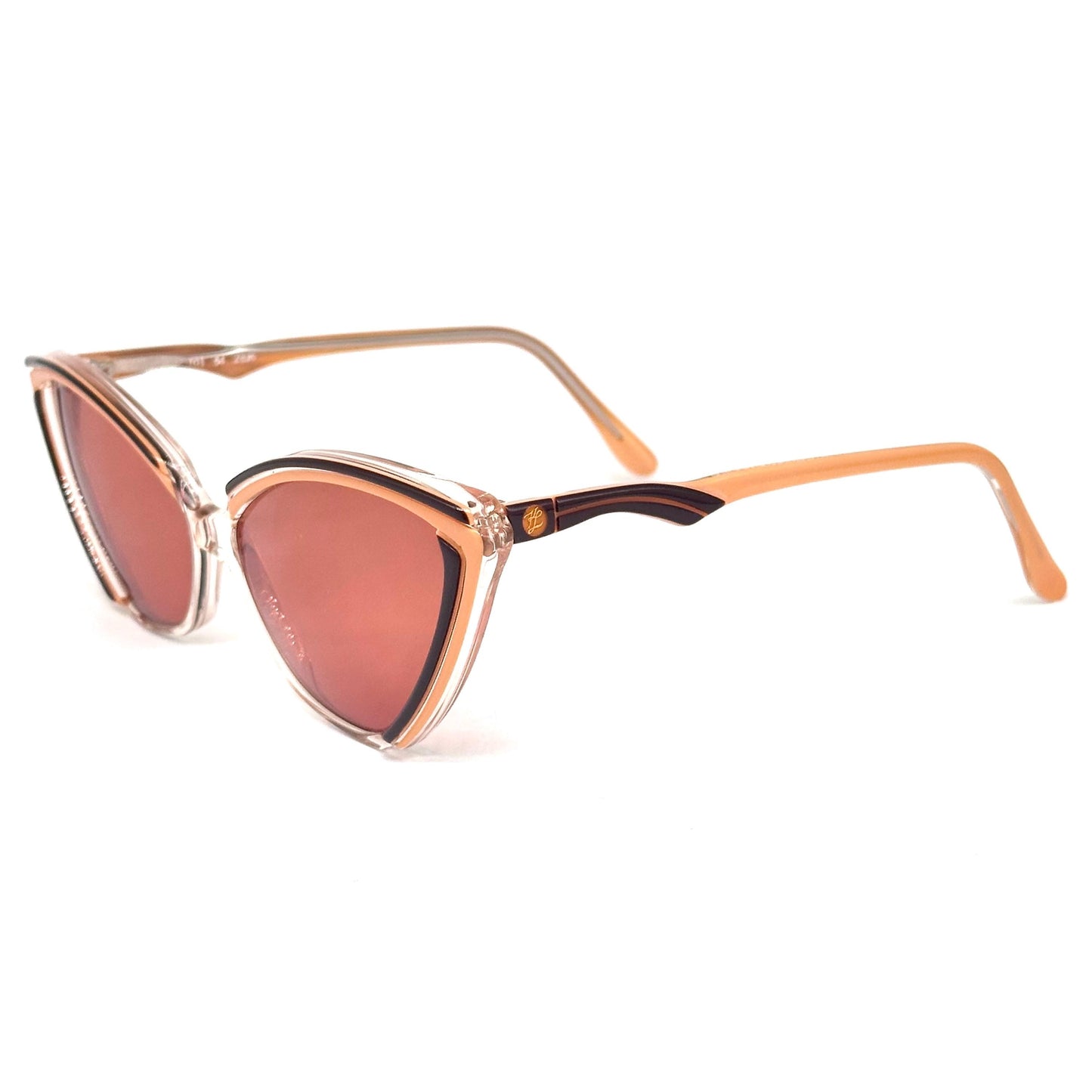 Karl Lagerfeld 103 54 2836 clear cateye sunglasses with salmon orange and brown stripes, orange lenses, 1980, NOS