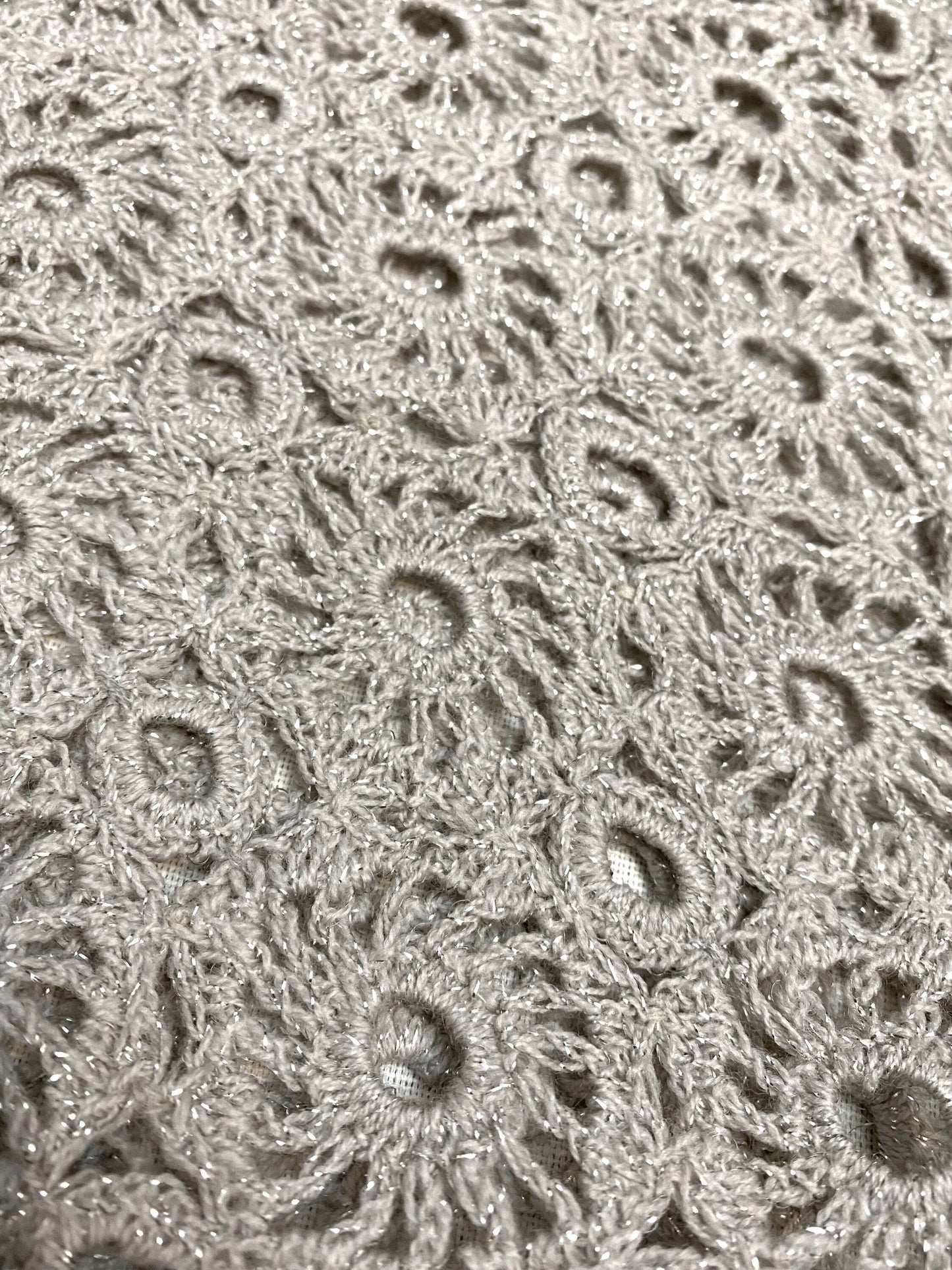 Crochet macramè grey/silver glitterswool handmade cardigan/jacket, in perfect condition and unique