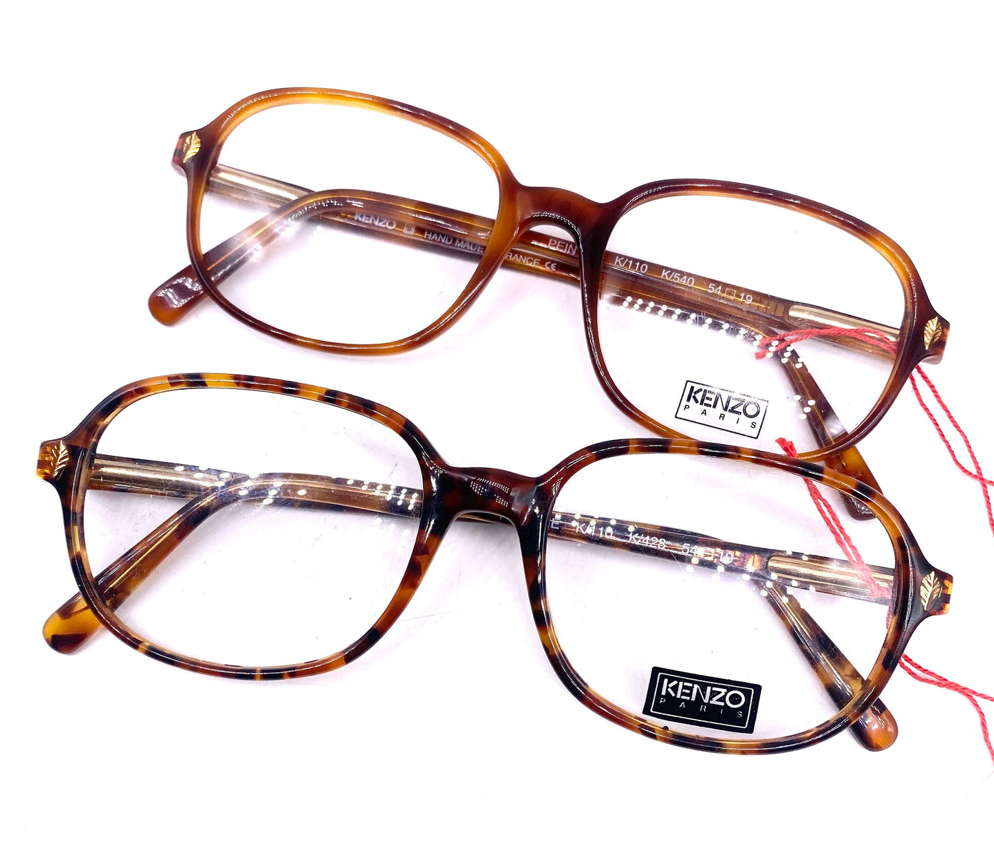 Kenzo K110 Peintre square tortoise cello eyeglasses w golden leaf pins, 2 colorways, NOs 80s Hand Made France