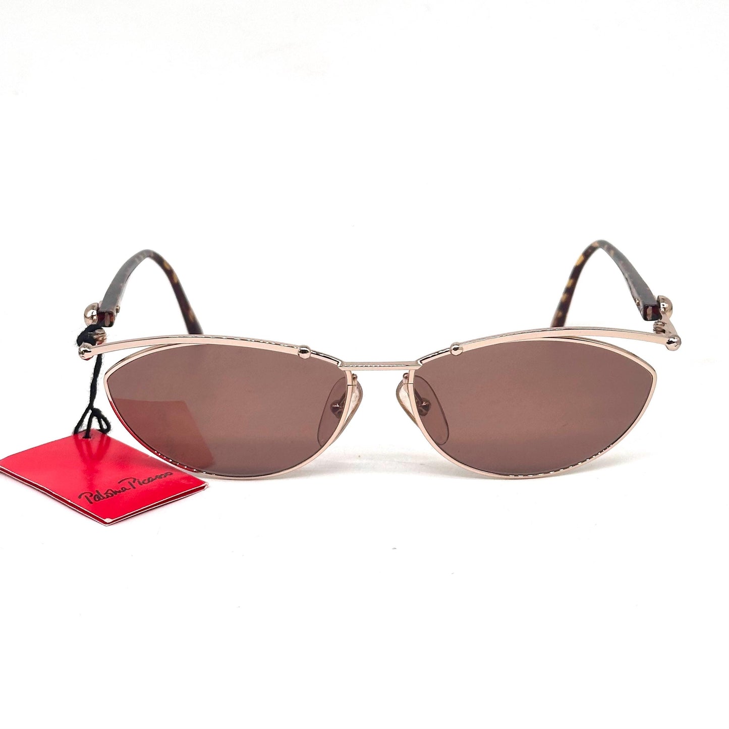 Paloma Picasso 3778 gold frame sunglasses with spheres details and spotted yellow and brown temples 80s NoS