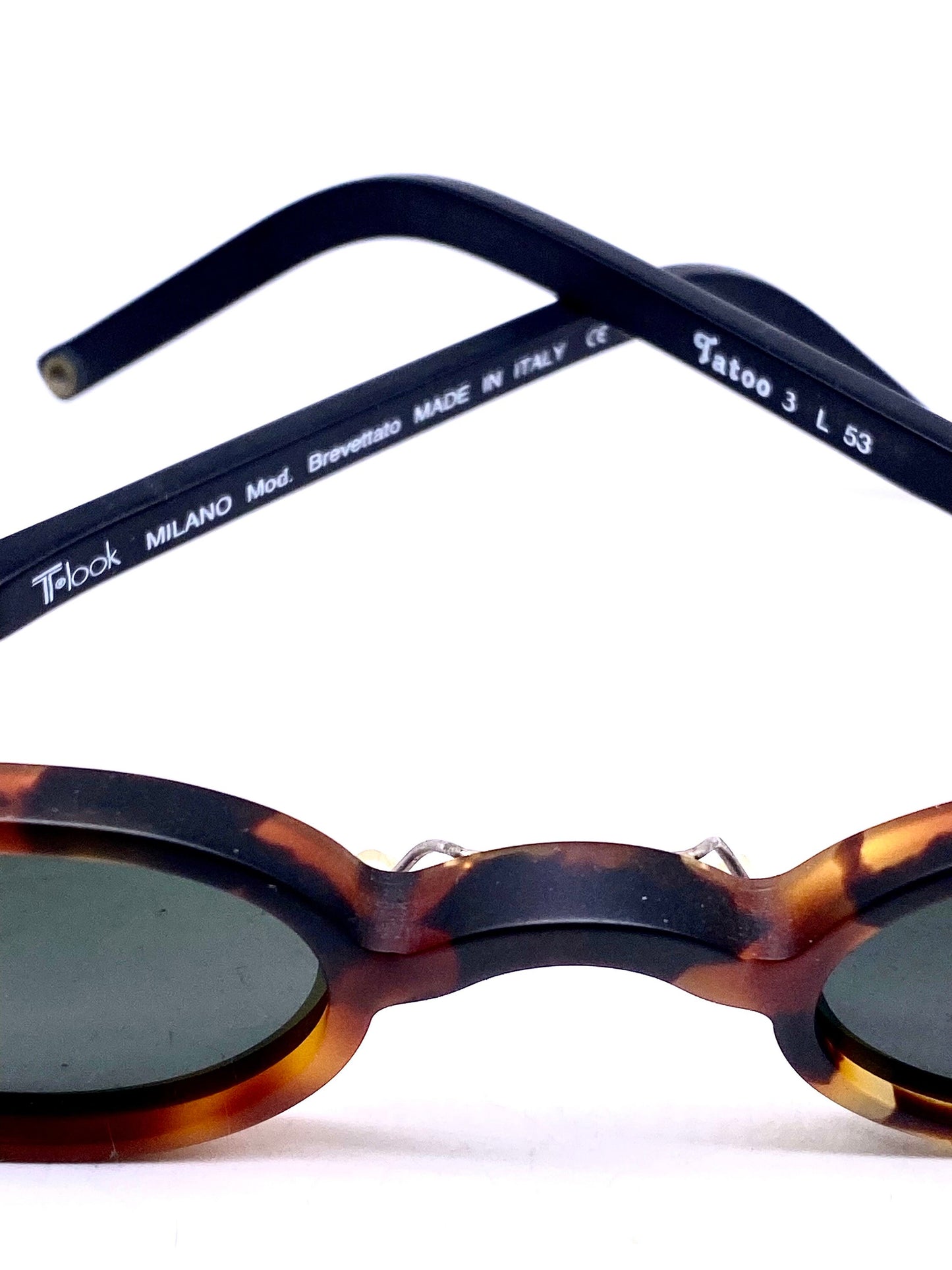 T-Look Milano Tattoo coolest small oval retro-Victorian style tortoise sunglasses w patent pierced temples, NoS 90s Italy