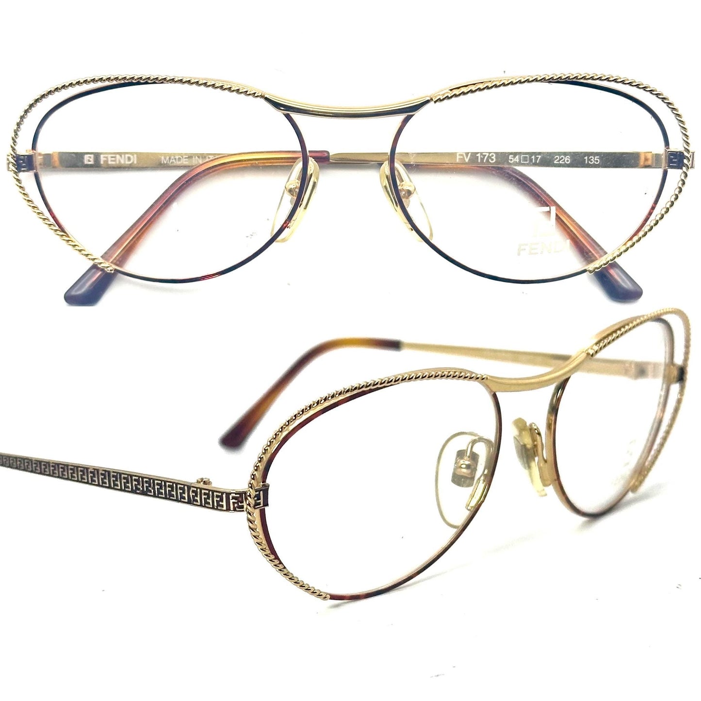 Fendi FV173 luxury oval cateye golden metal eyeglasses frames hand made in Italy, NOS 80s