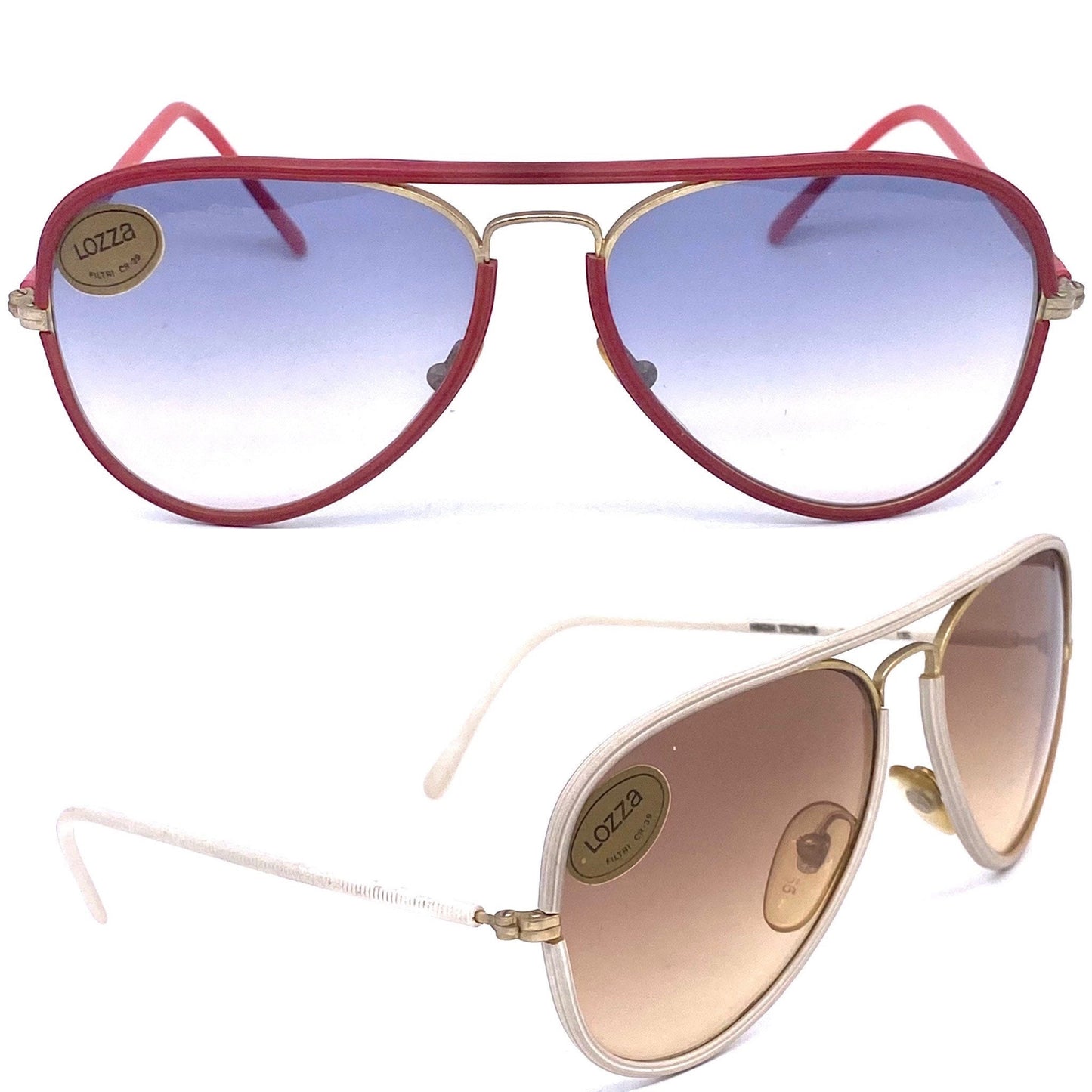 Lozza high tech HD vynil rolled golden metal aviator sunglasses w fade lenses, 1970’s  NOS Italy
