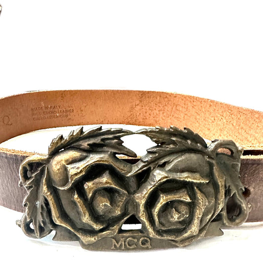McQ by Alexander McQueen western style tan leather belt w antique brass roses buckle, mint sz 75