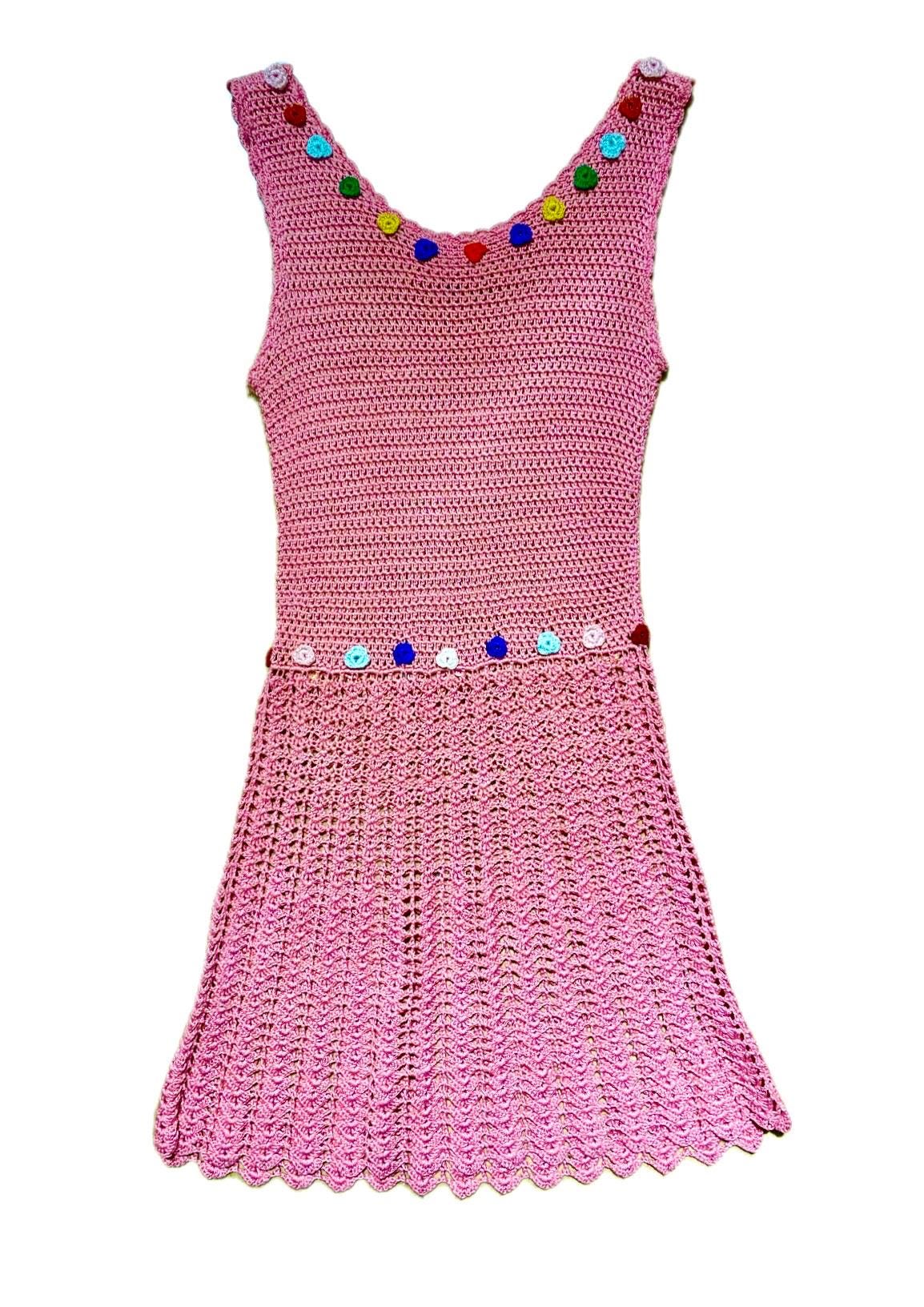 Cutest 1of1 hand knit pink cotton crochet dress w embroidered flowers, mint