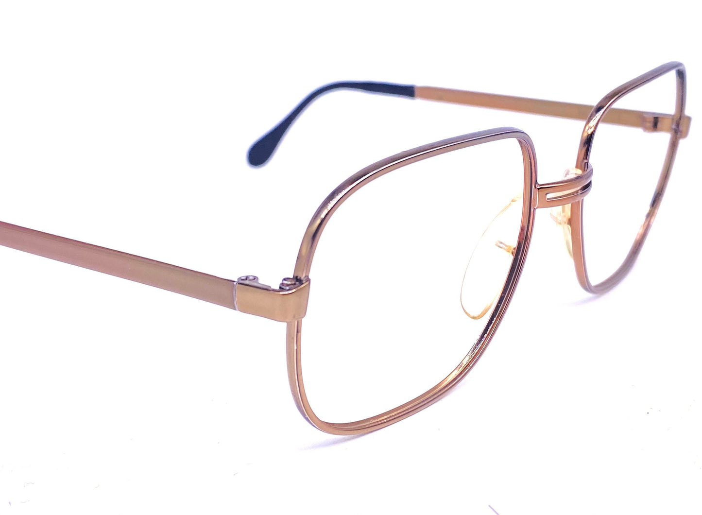 Amor France square glasses in polished copper metal w cutoff bridge detail, NOS 70s mint