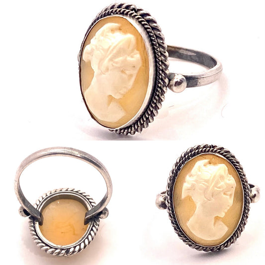 Classy Victorian lady hand carved shell cameo  925 silver ring; classic Italian jewelry NOS 50s