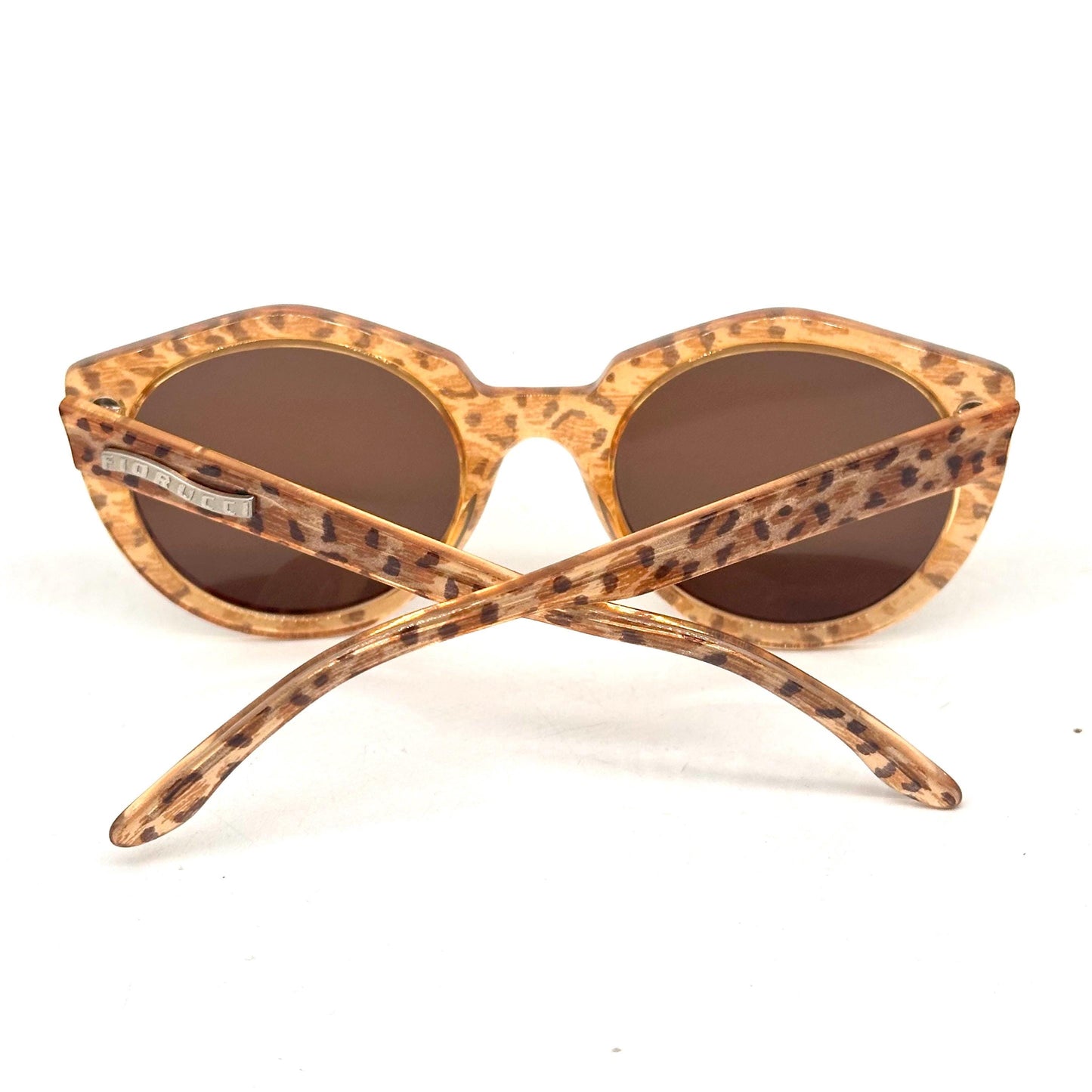 Fiorucci 406 occhiali da sole vintage rotondi fantasia ghepardati e madre perla giallo, Made in Italy anni '80 NOS