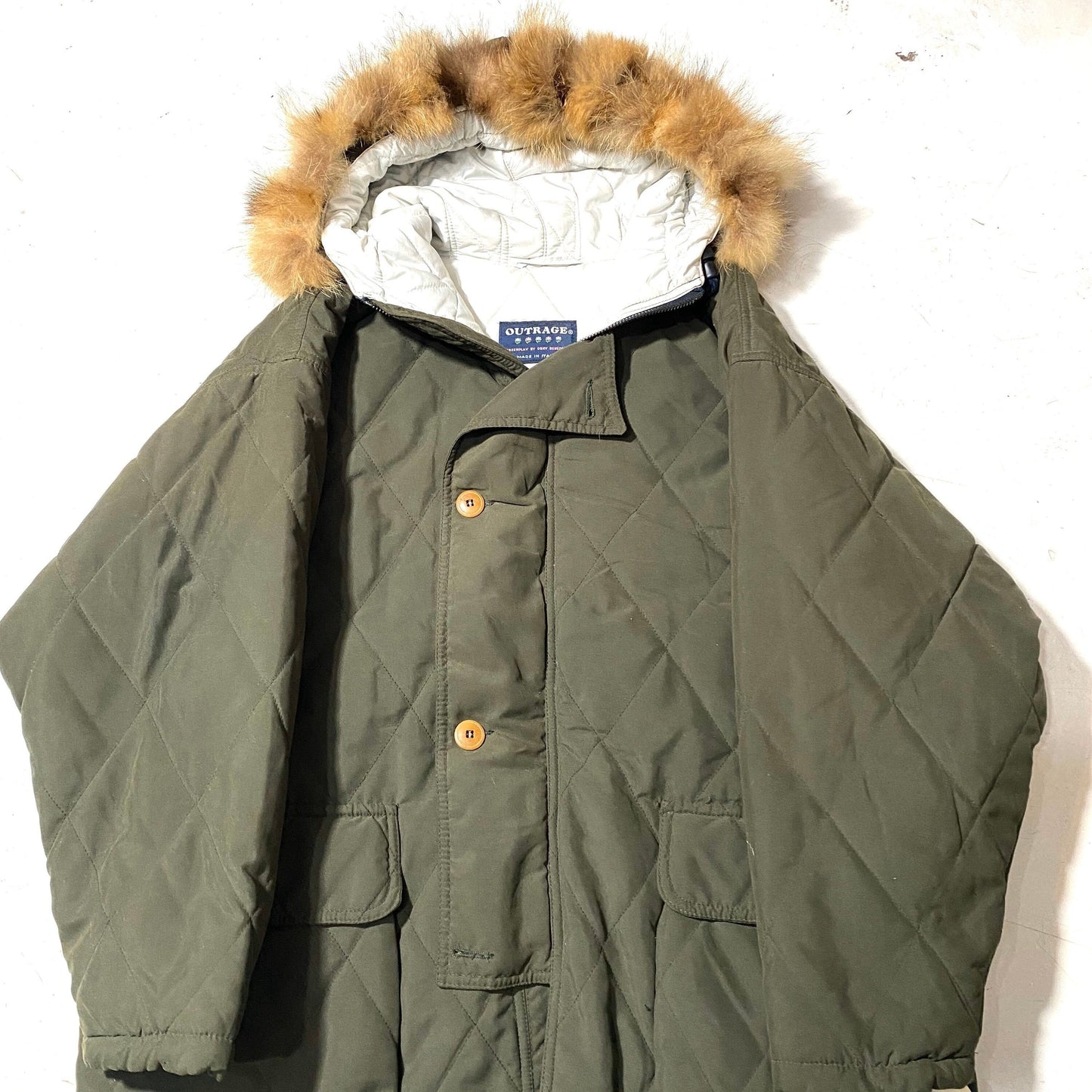 Outrage military green matelassè-quilted parka coat w fur hoodie, 1980s NOS with tags, mint