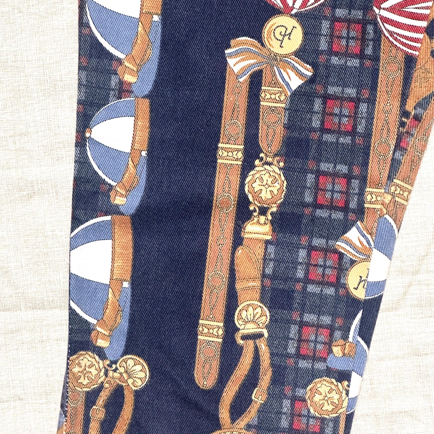 Roccobarocco vintage blue jeans with baroque print allover and horse riding themed designing size 31 90s