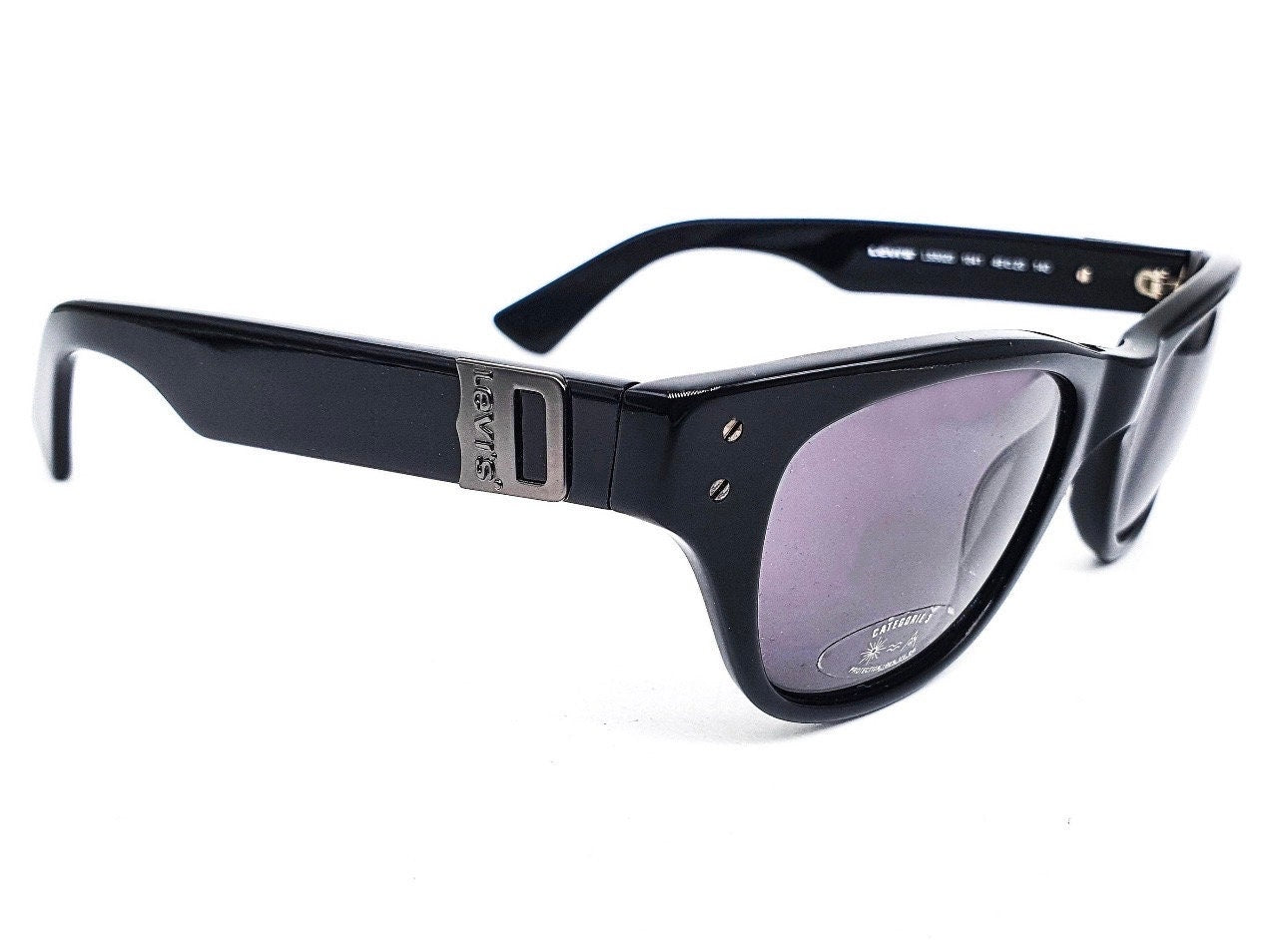 Levi’s classic retro square black acetate sunglasses with gunmetal logo inserts, NOS 90s Italy