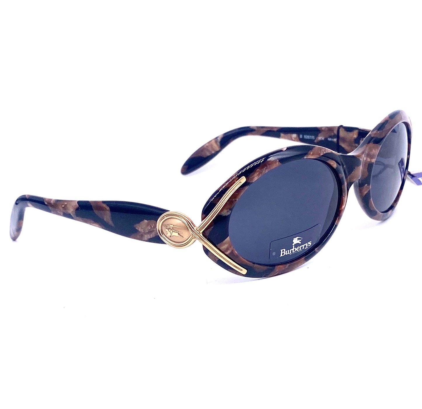Burberrys oval wrap tortoise sunglasses w Carved logo on golden metal hinges , NOS 90s