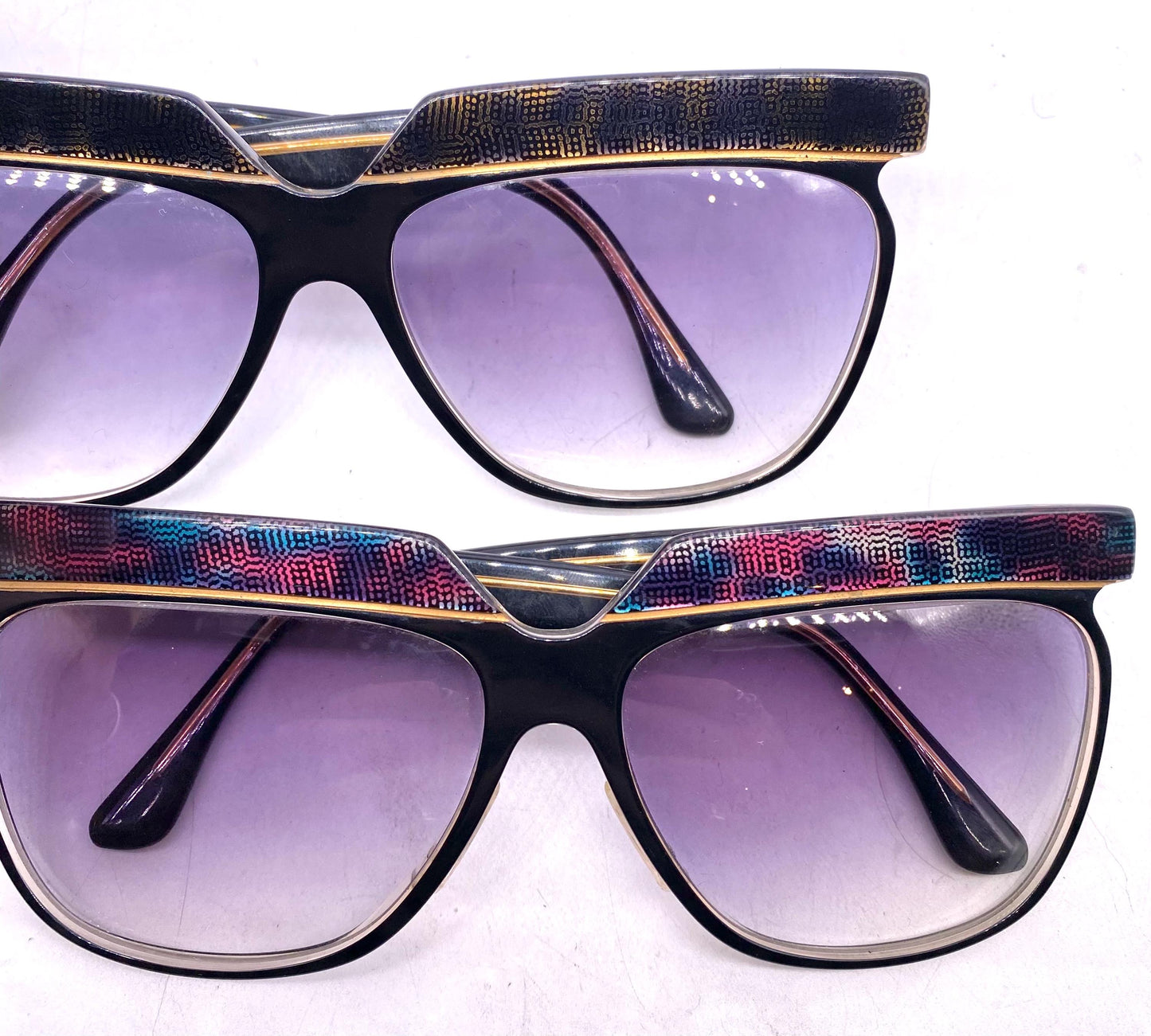 Premier Paris squared butterfly oversized sunglasses w/ glitched pixel art texture in 2 colorways, NOS 80s France