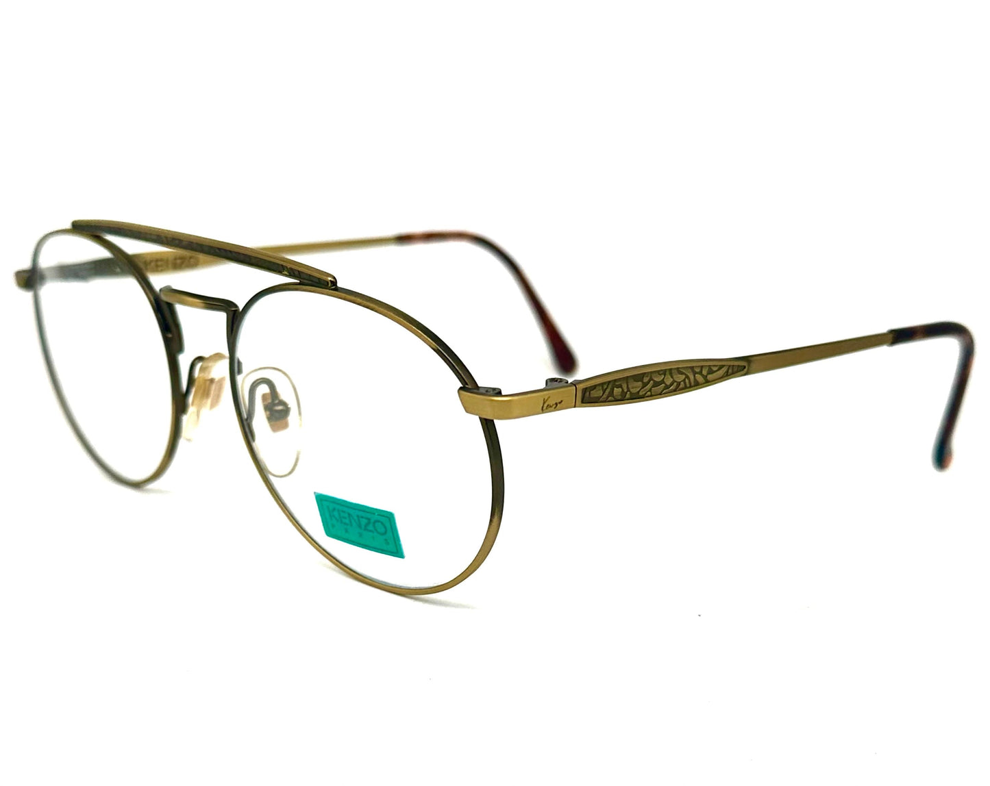 Kenzo 029 round dbl bridge aviator glasses frames w- carved deco details, NOS 80s France