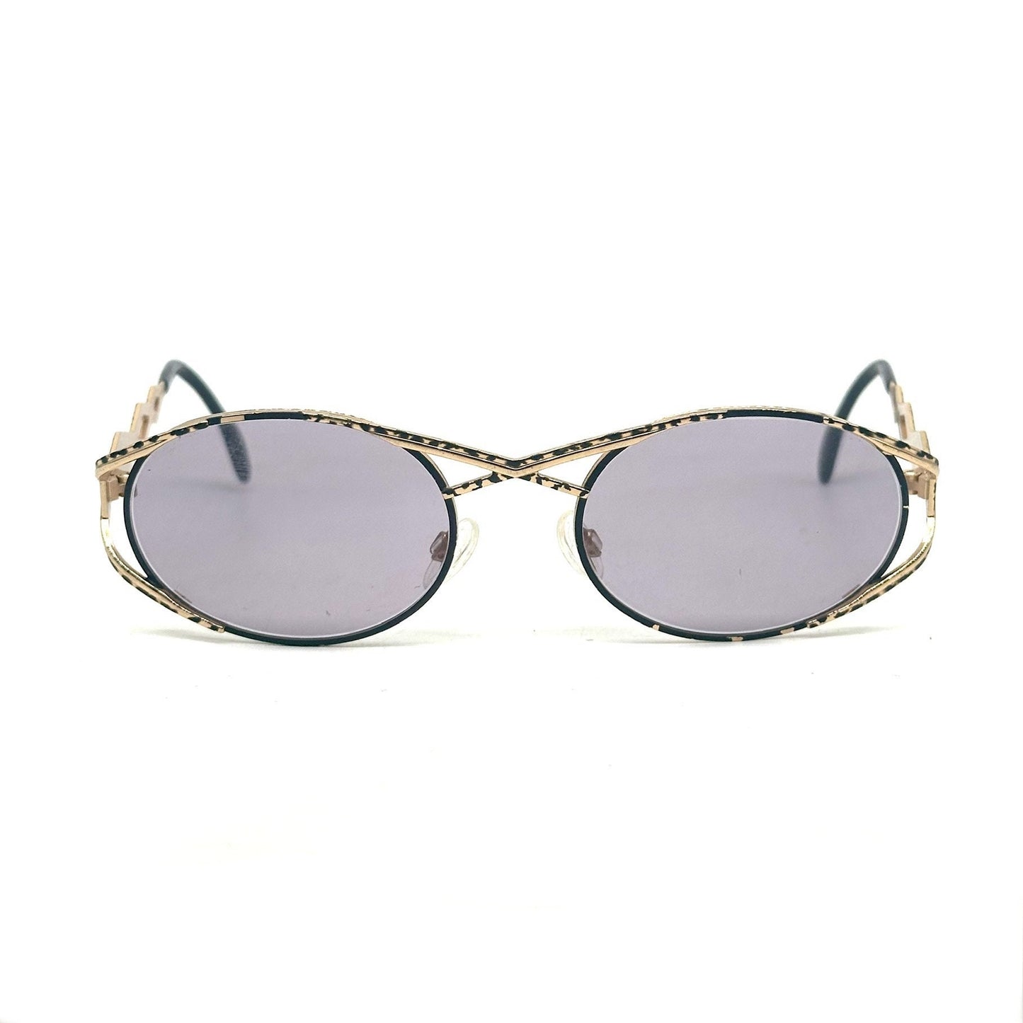 Cazal MOD 977 x cross bridge-temples oval golden metal sunglasses w black enameled details, mint