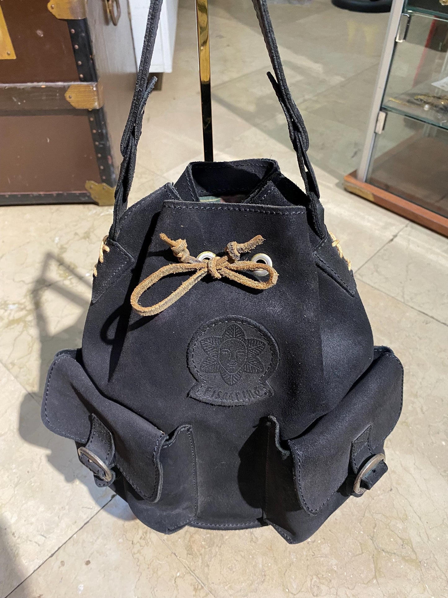 Artisanal black suede leather backpack / bucket bag with cotton canvas lining, NOS 90s Italy