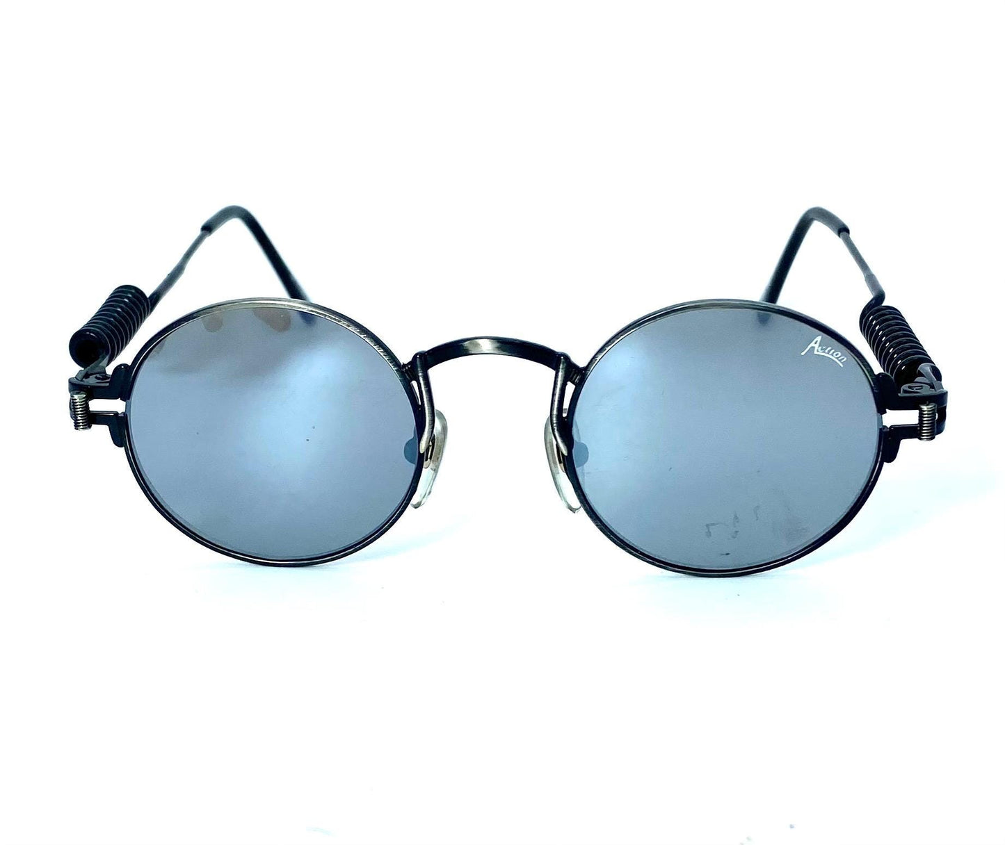 Florence Action 2871 round steampunk sunglasses w mirrored lenses, in gunmetal w spring-spiral temples , NOS 80s
