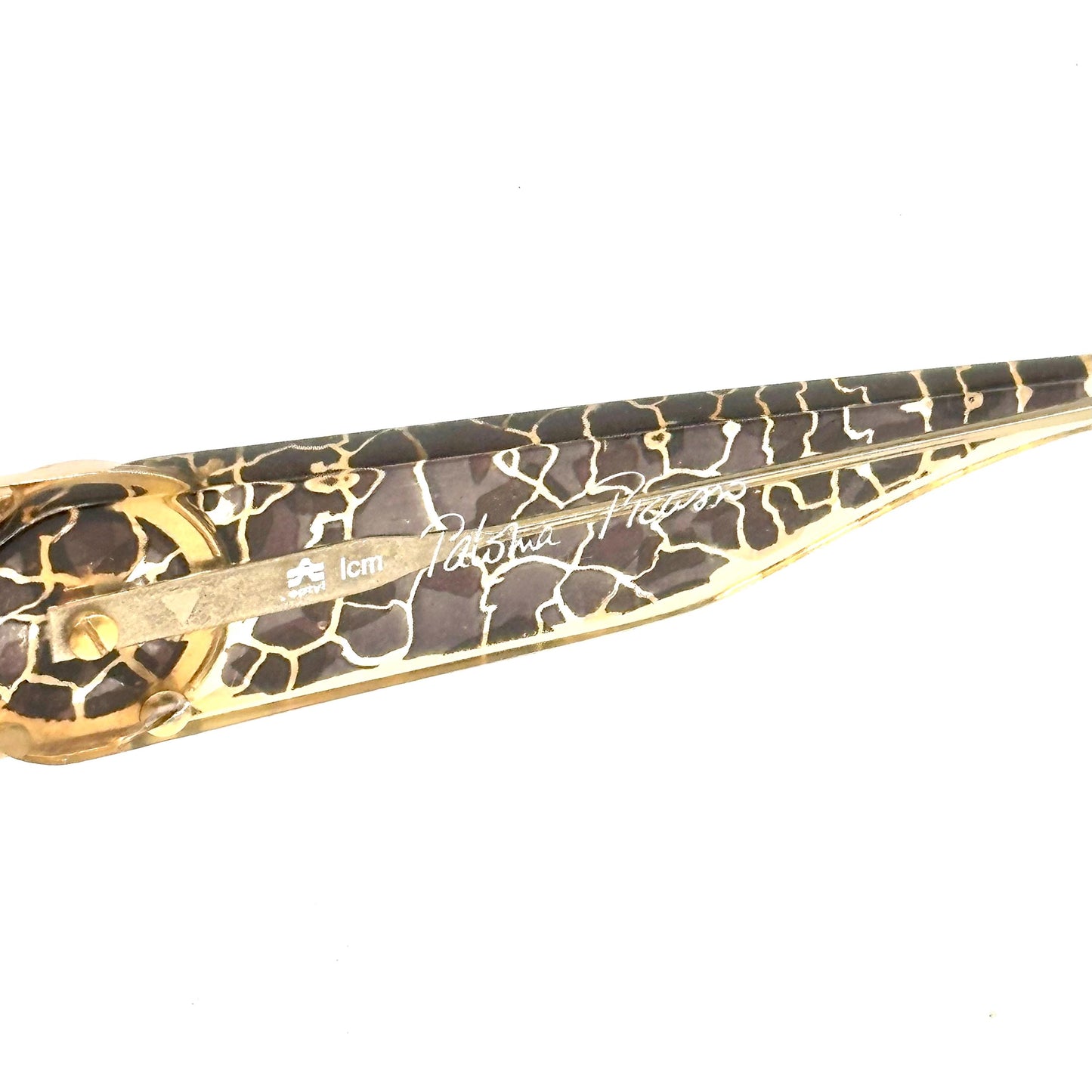 Paloma Picasso 3860 optyl crackled glaze frame in brown, green, gold and turquoise shades, gold logo emblem detail on the temple 90s NoS