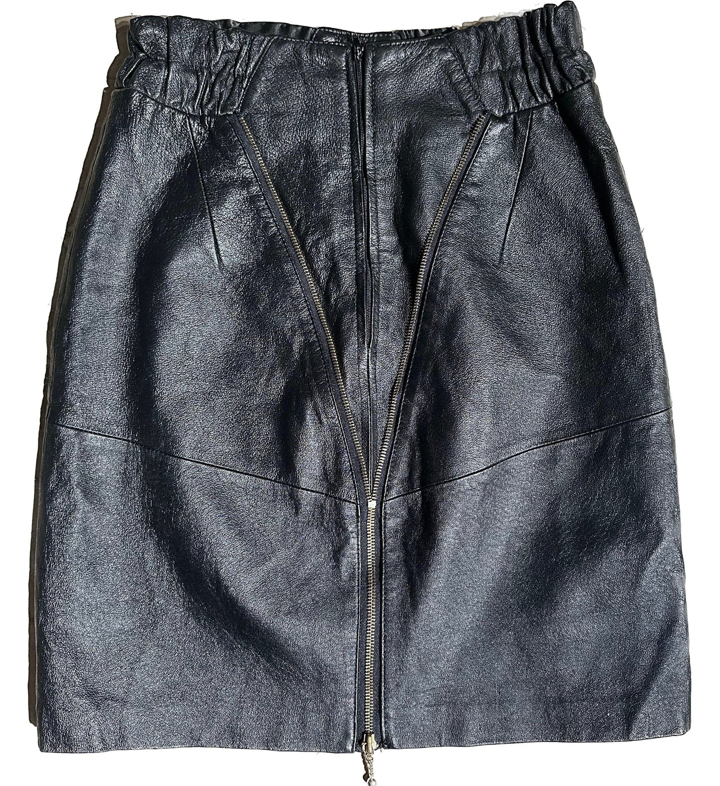 Jurgen Michaelsen black leather skirt w/ V Zipper adornement and slit, sz 36 - 10 UK, 1980s mint condition