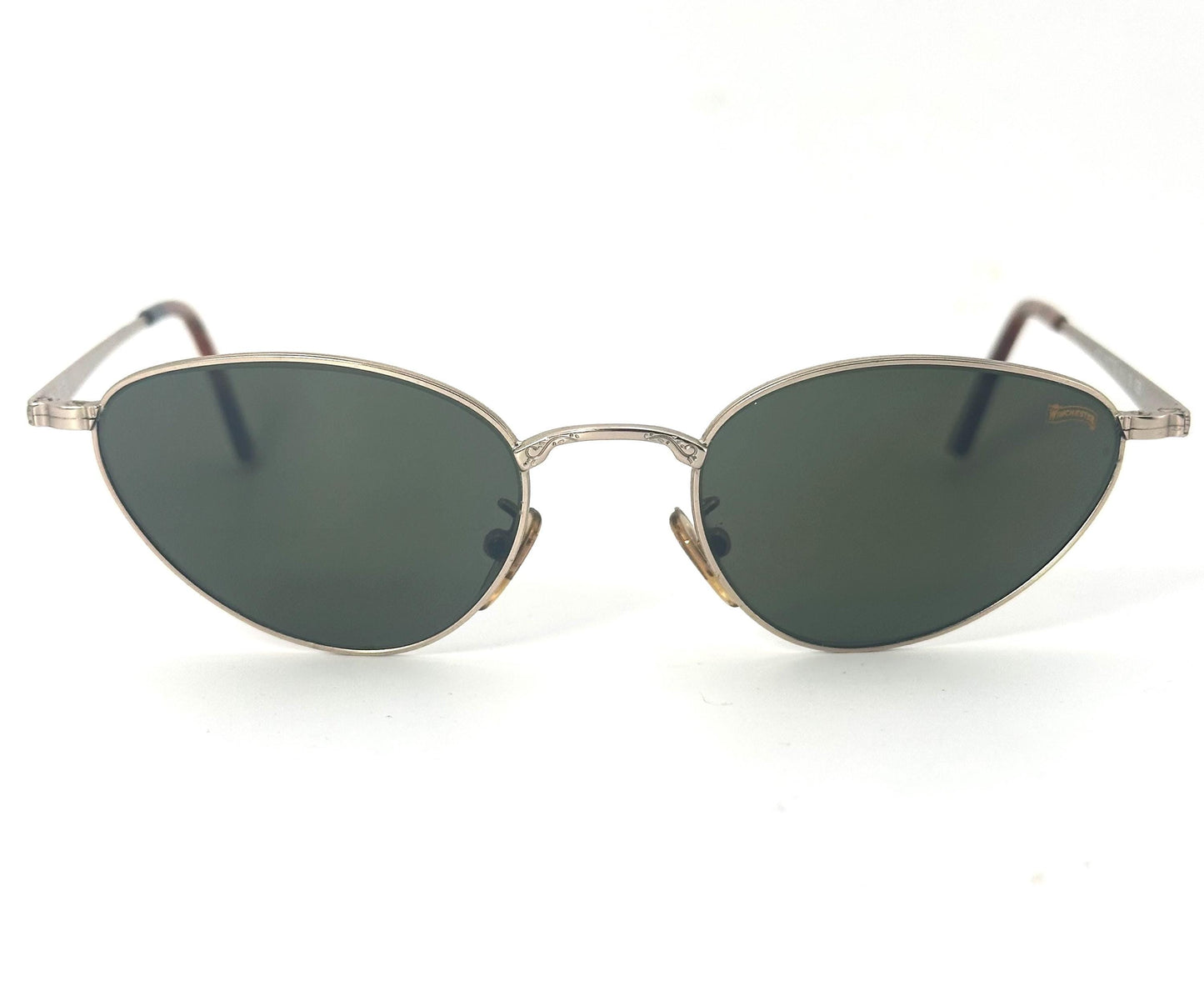 Winchester Hollywood metal cateye sungasses w decó carvings, fitted w finest tempered Crystals by Barberini, NoS 90s