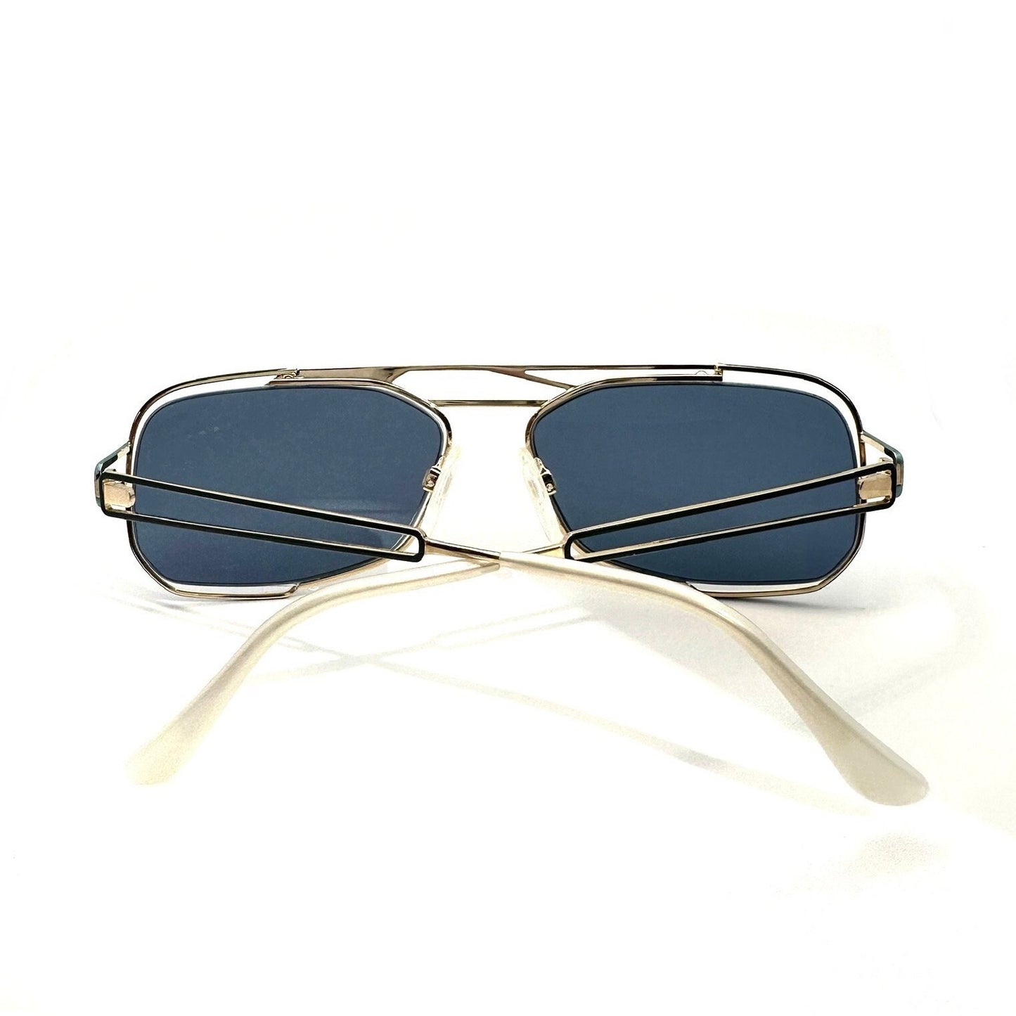 Neostyle jet 222 902 avant Garde sunglasses; gold w green and cyan enamel details & white cream ends, NOS 90s Germany