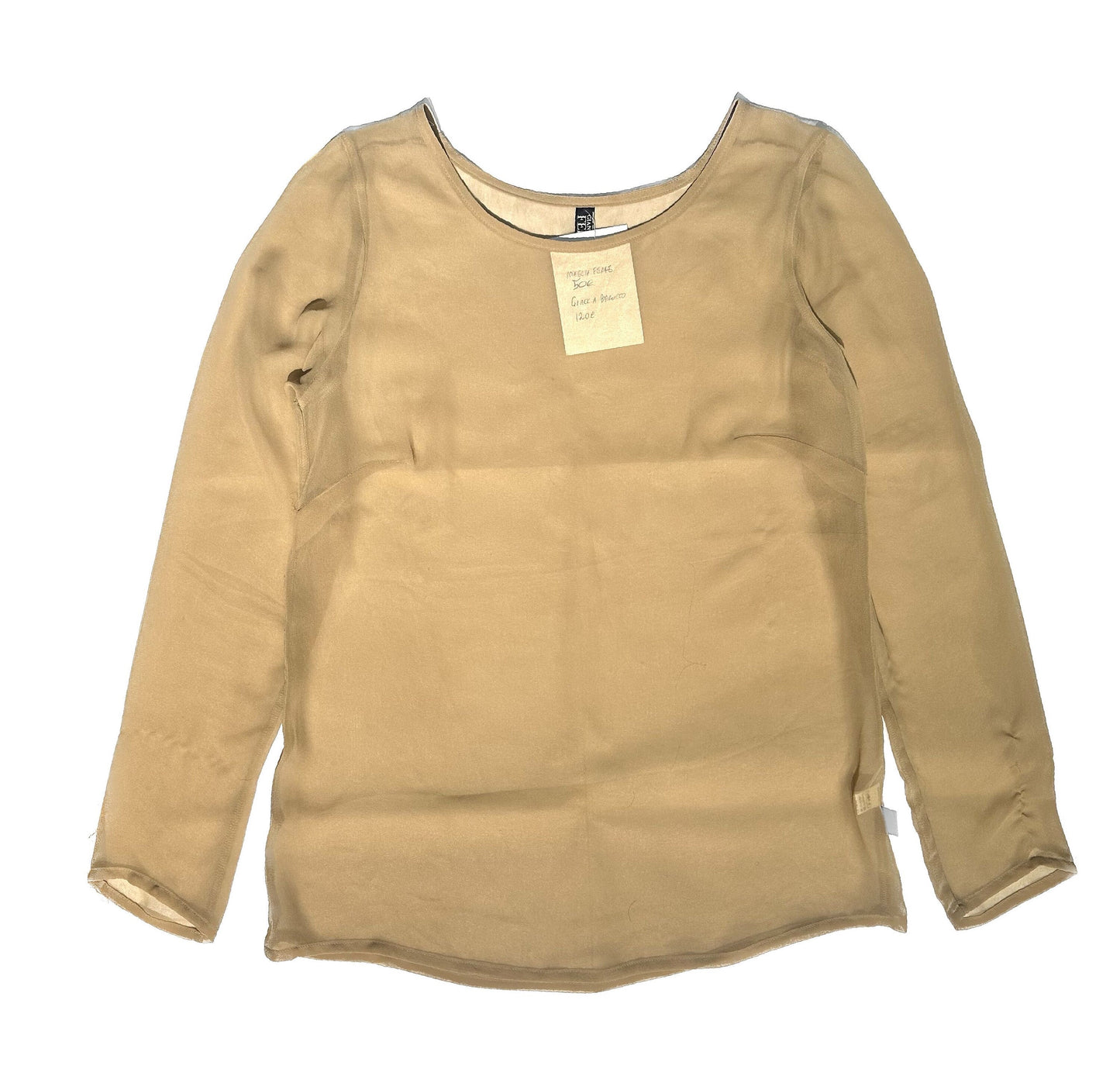 Gianfranco Ferrè translucent satin beige/skin color shirt w round collar & long sleeves, mint sz M