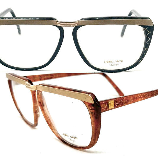 Enrica Massei modern square glasses in black or honey sparks w golden browline/bridge, 80s NOS