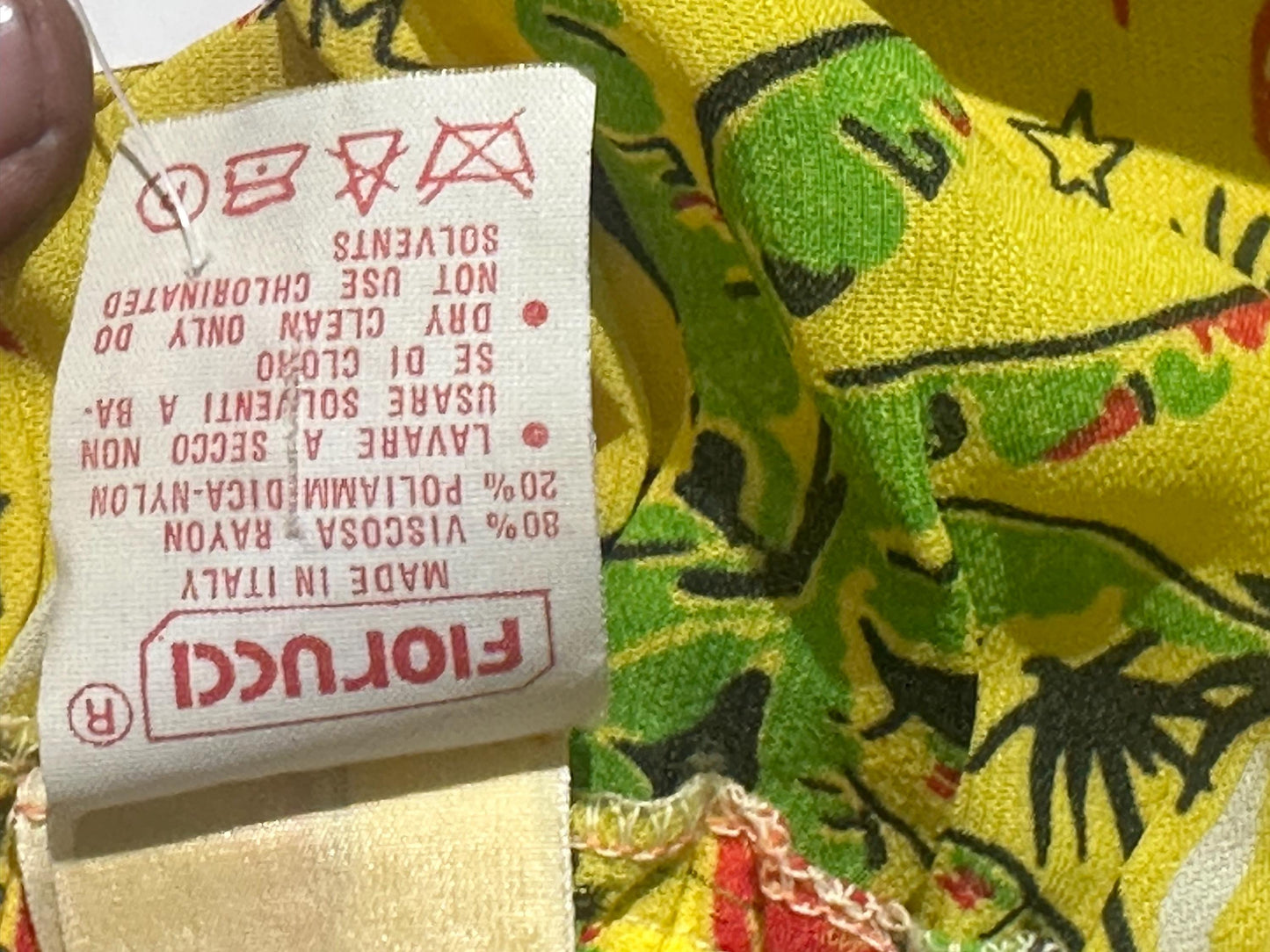 Fiorucci cool yellow Aloha beach trousers w Palms, surfers and stars/moon allover, Italy 80s