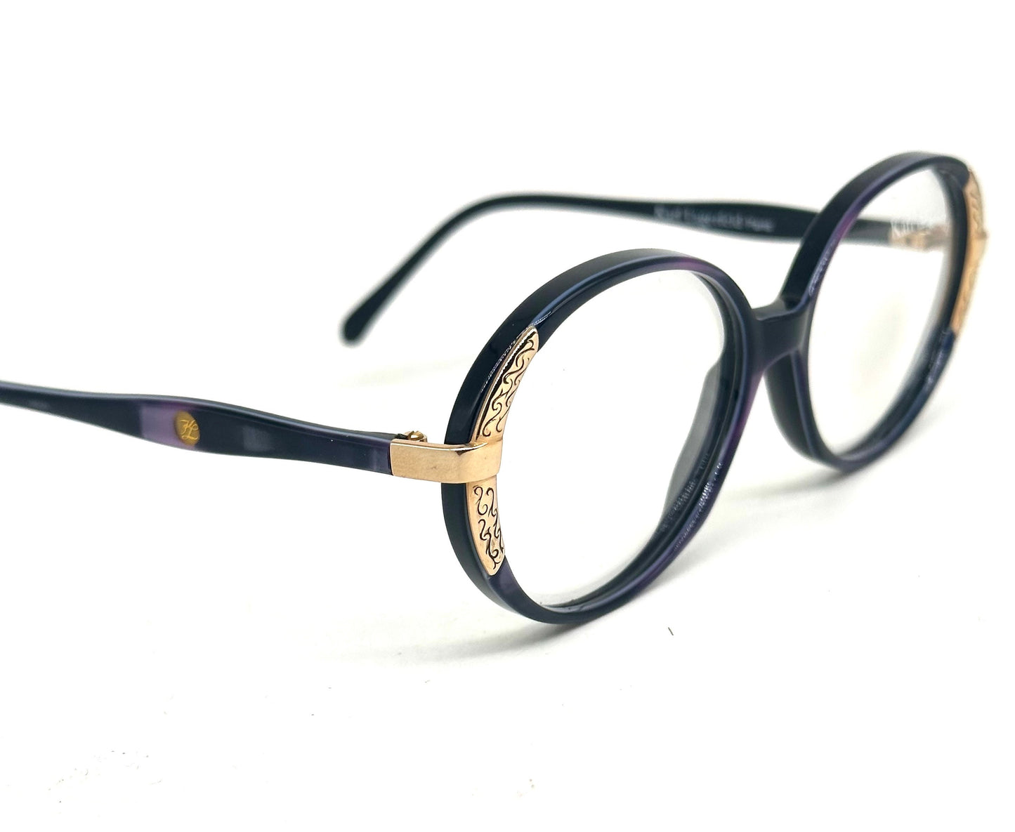 Karl Lagerfeld 80s NOS oval ladies frames, purple pearl cello w/ golden decò carved details, beautiful