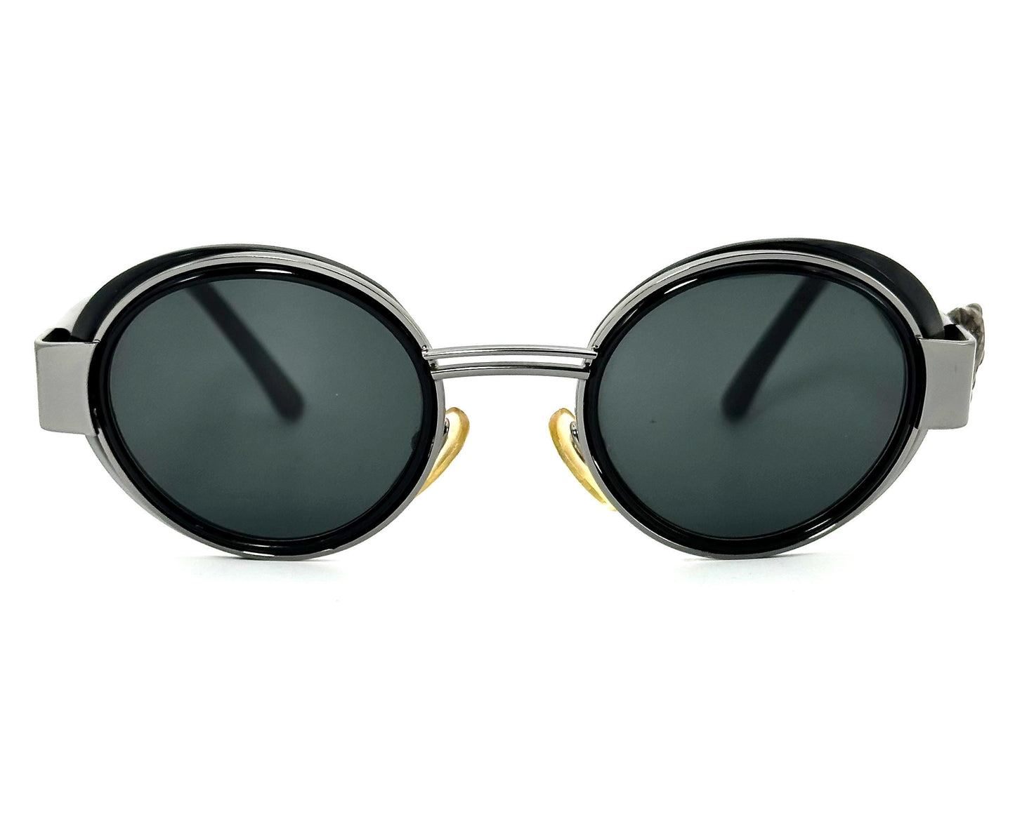 M.Burani 5100 rare black-sober round side shields sunglasses w metal rose detail, NOS 80s Italy