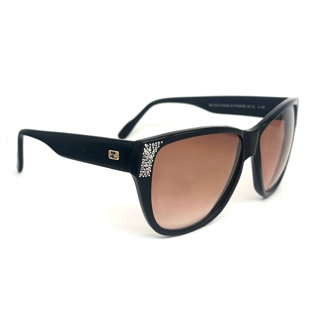 Courreges 8712 black oversized sunglasses w gold logo and Swarovski adornement, hand made in France