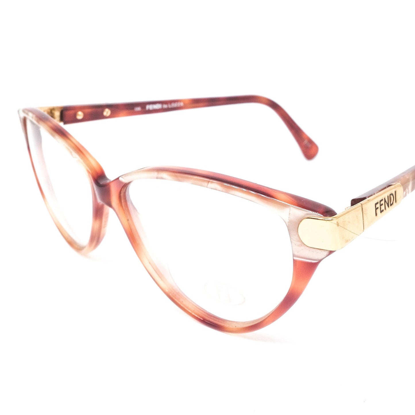 Fendi FV71 classic brown tortoise acetate cateye eyeglasses frames with golden hinges. NOS 80s Italy