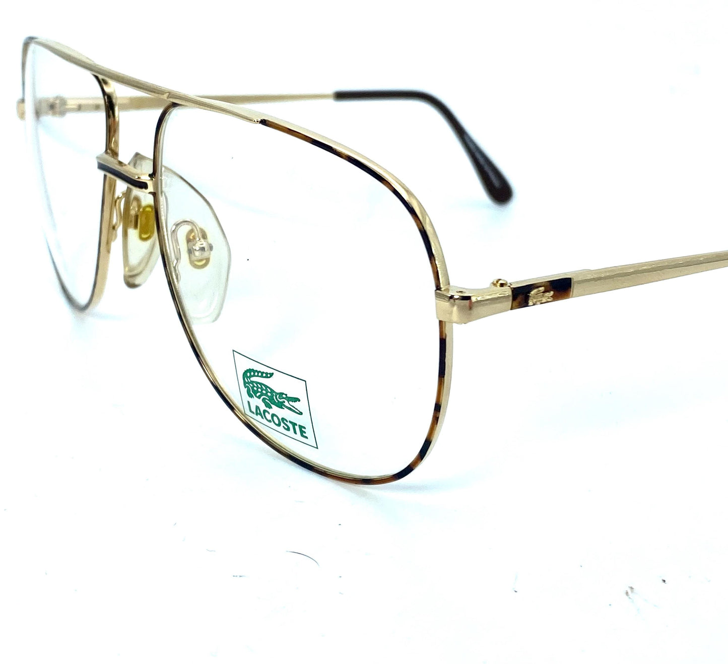 Lacoste dbl bridge golden metal aviator frames w tortoise enameled details, NOS 80s Lamy France
