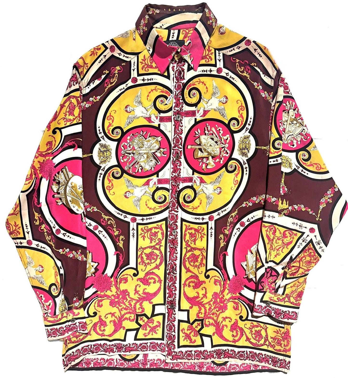 English Eccentrics pure silk baroque print shirt in purple, burgundy & mustard, sz M mint